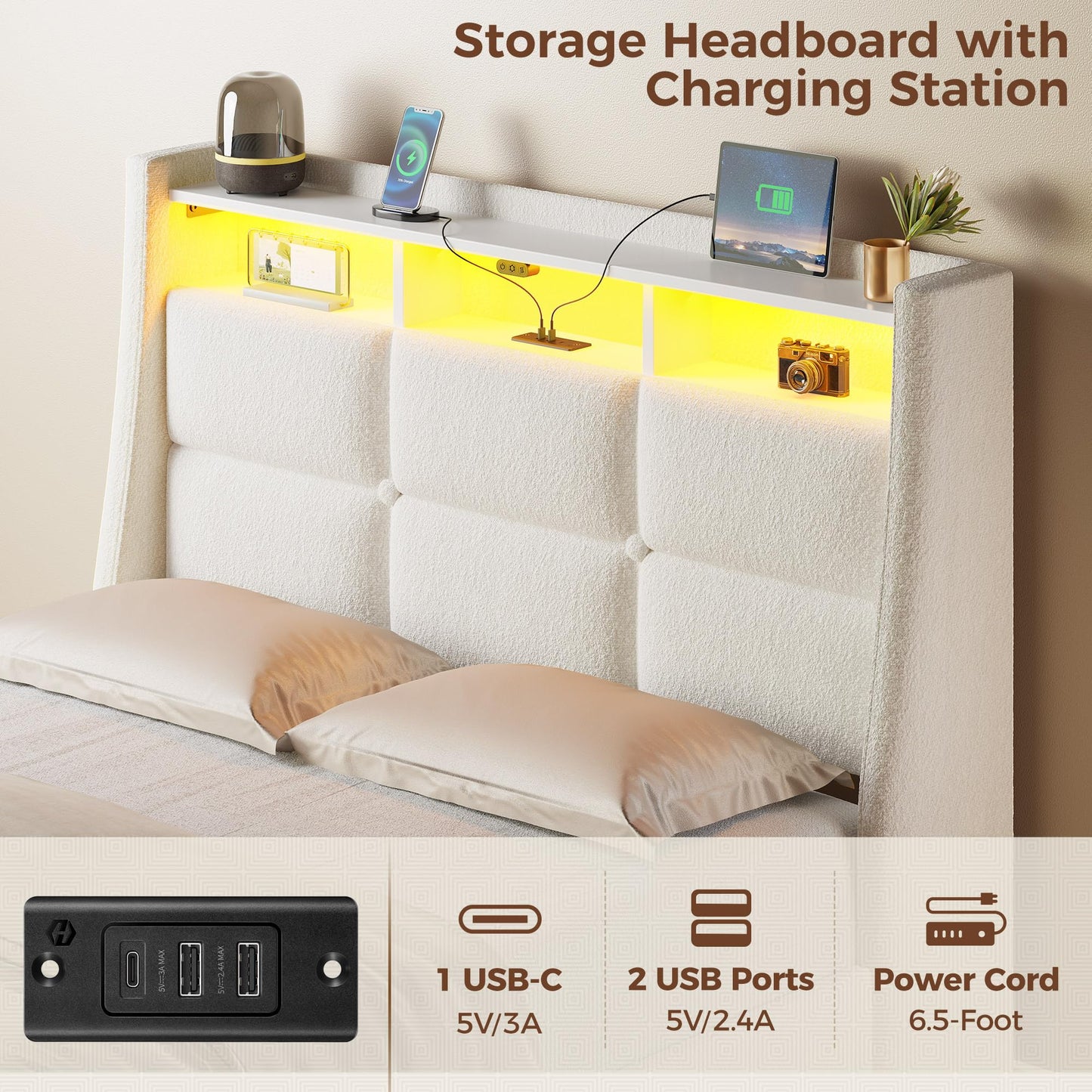 Rolanstar Twin Size Bed Frame with LED Lights and Charging Station, Upholstered Bed Storage Headboard & Drawers, Heavy Duty Wood Slats, Easy Assembly, White