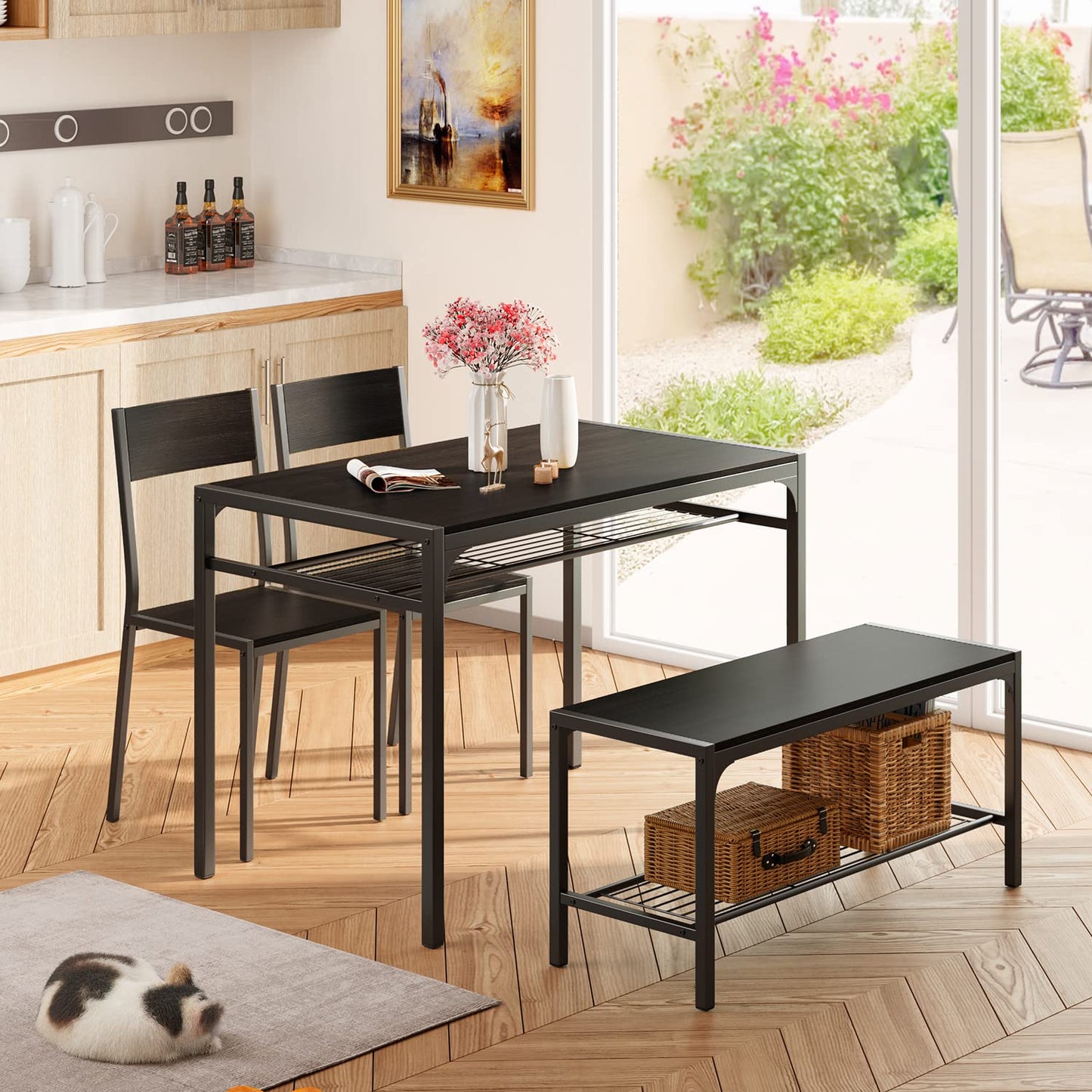 Gizoon Kitchen Table and 2 Chairs for 4 with Bench, 4 Piece Dining Table Set for Small Space, Apartment