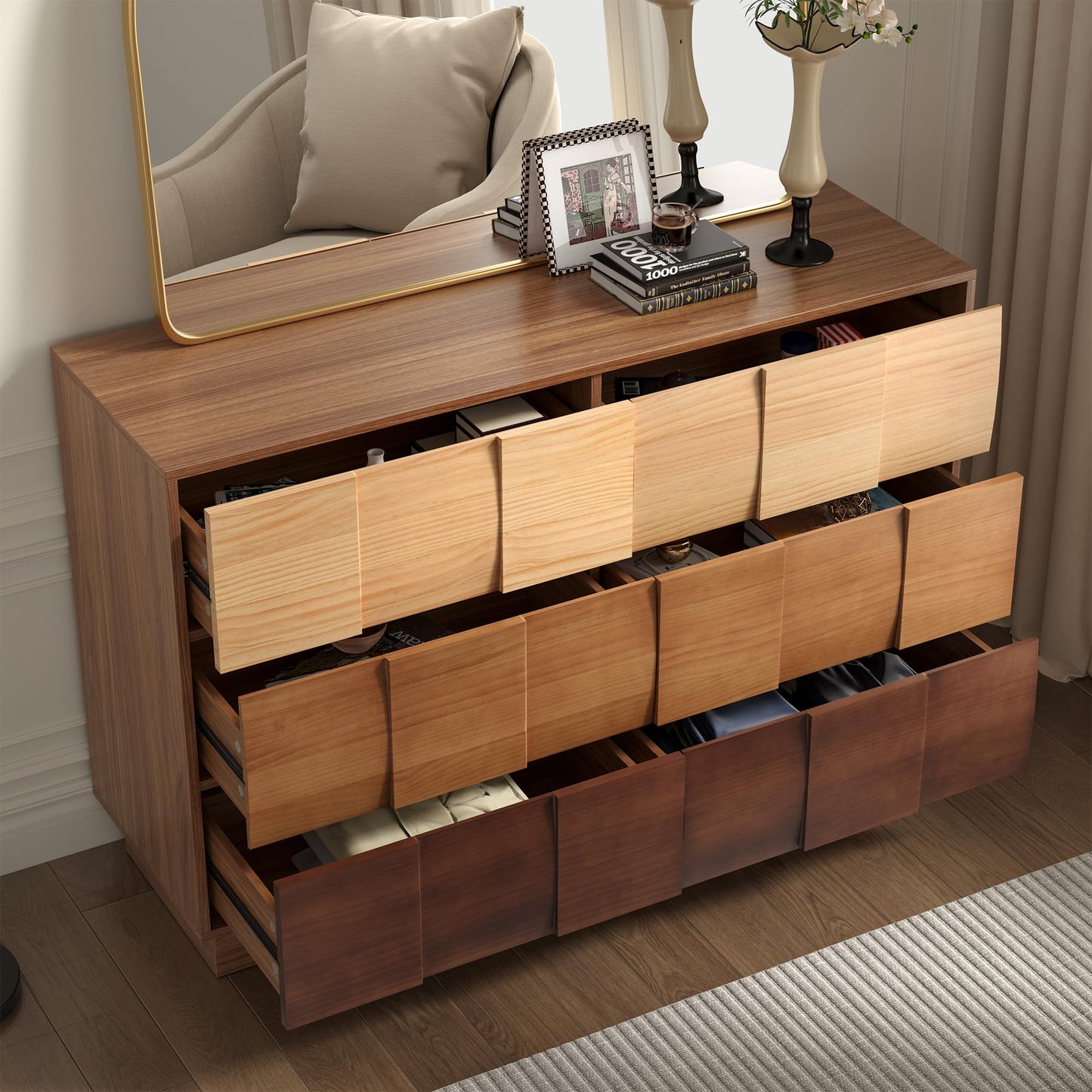 Lamohome 6 Drawer Dresser with Solid Wood Drawer Fronts, 47" Chest of Drawers Modern Wood Dresser with Artistic Gradient Color-Block Finish for Bedroom & Living Room