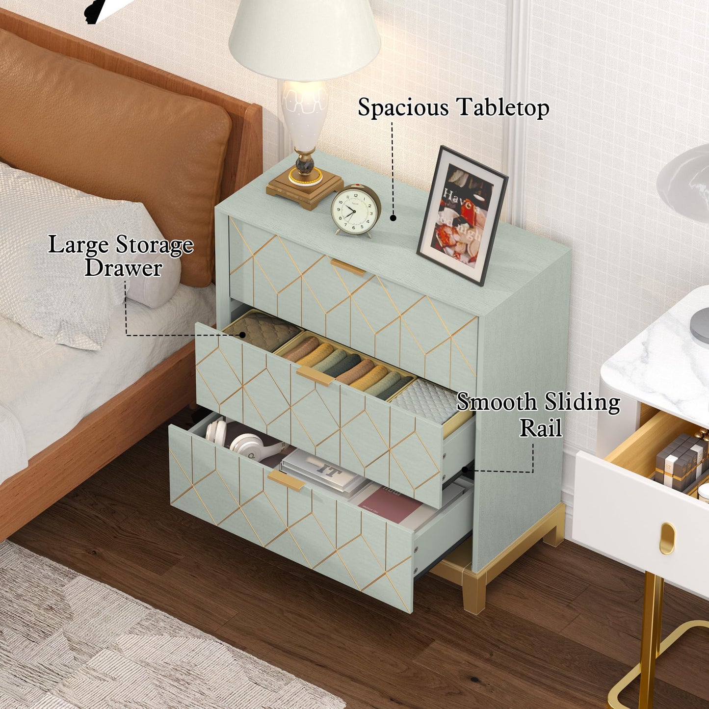 HLR 3 Drawer Dresser for Bedroom, Modern Wood Chest of Drawers with Gold Trim, Accent Dresser Storage Tower, Green Organizer Cabinet for Closet, Living Room, Hallway, Entryway