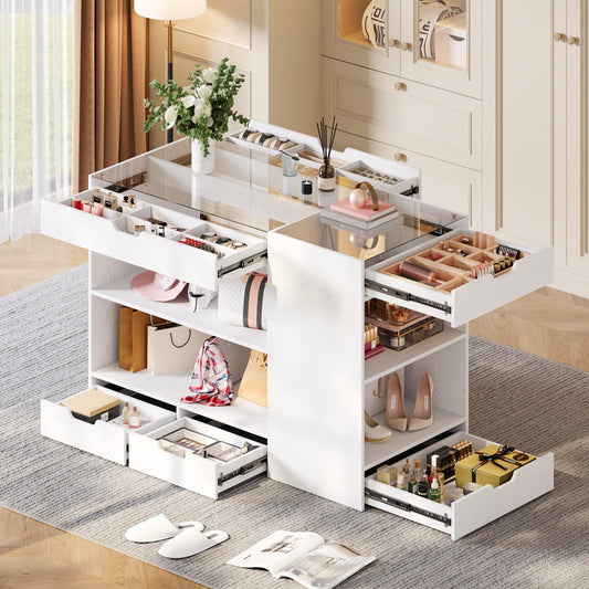 ANCTOR Closet Island, Bedroom Wardrobe Armoire with 8 Drawers and 2 Shelves, Dresser with Glass Top Display, Walk-in Closet Island Jewelry Dresser for Bedroom, Cloakroom, White