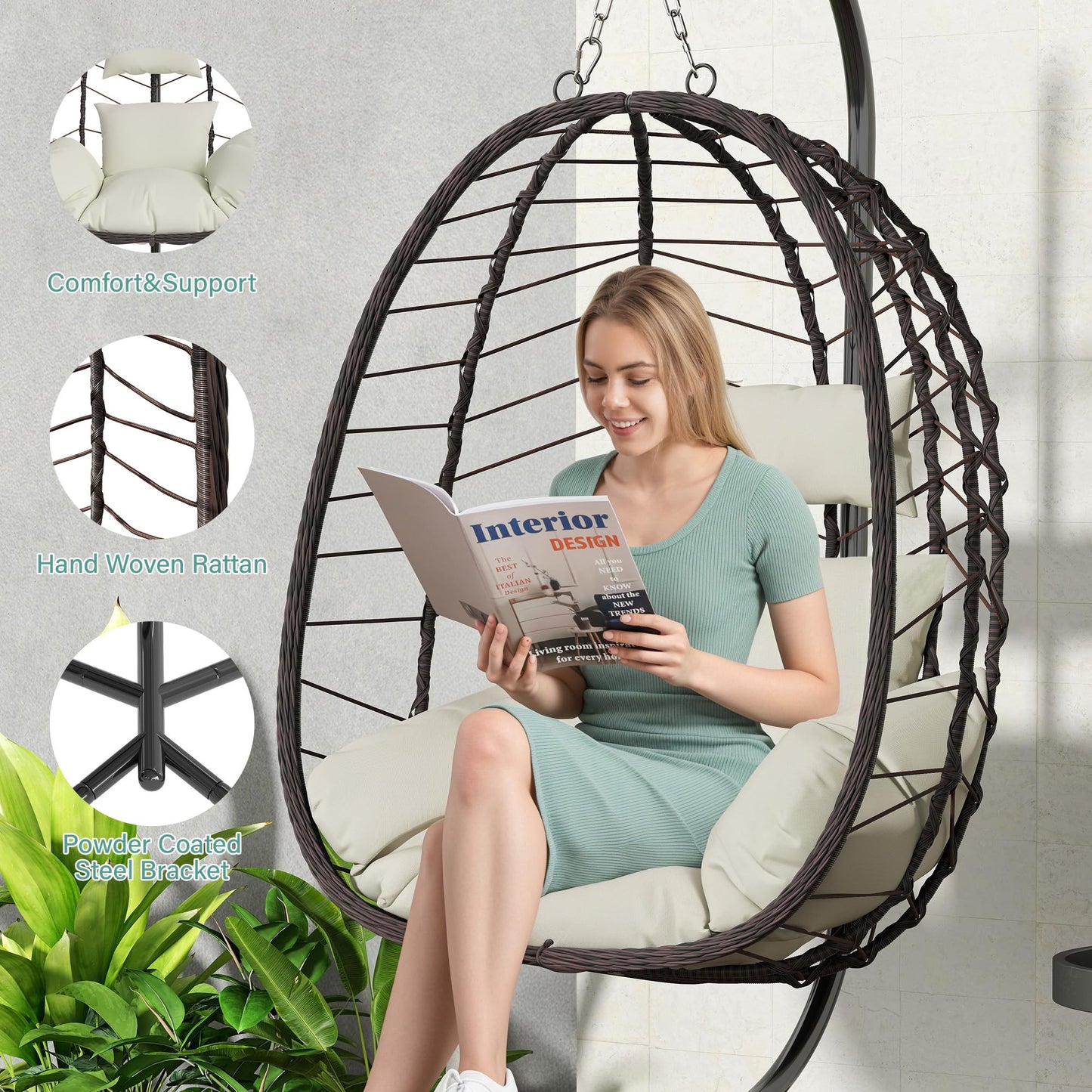 LEX CRAFT Hanging Egg Chair with Stand, Swinging Egg Chair Outdoor Indoor, Hanging Basket Chair with Cushion, Patio Wicker Hammock Chair 350lbs Capacity for Bedroom, Balcony, Backyard, Garden (Beige)