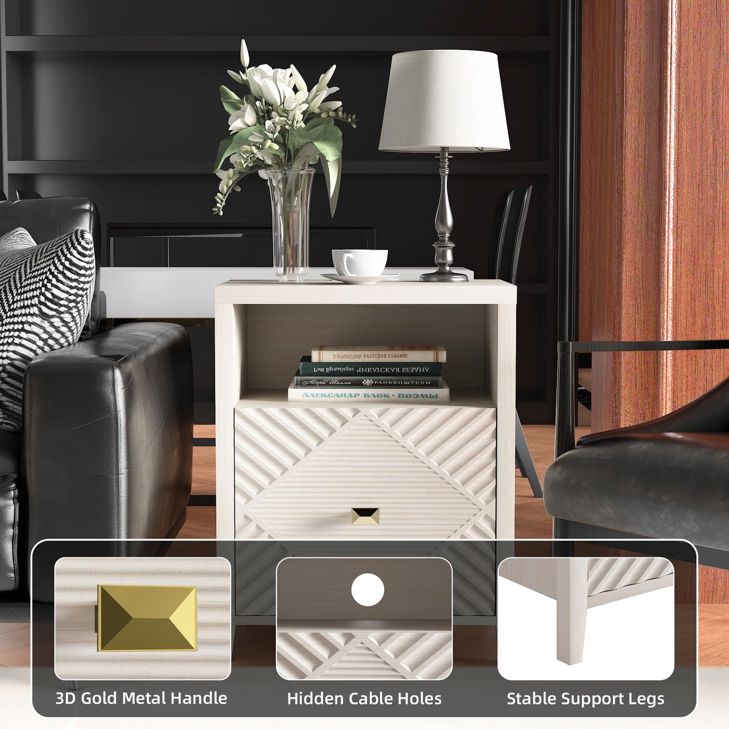 Modern Nightstand Side Table with USB Charging Port, Diamond Pattern Drawer, Black (2, Light Brown)