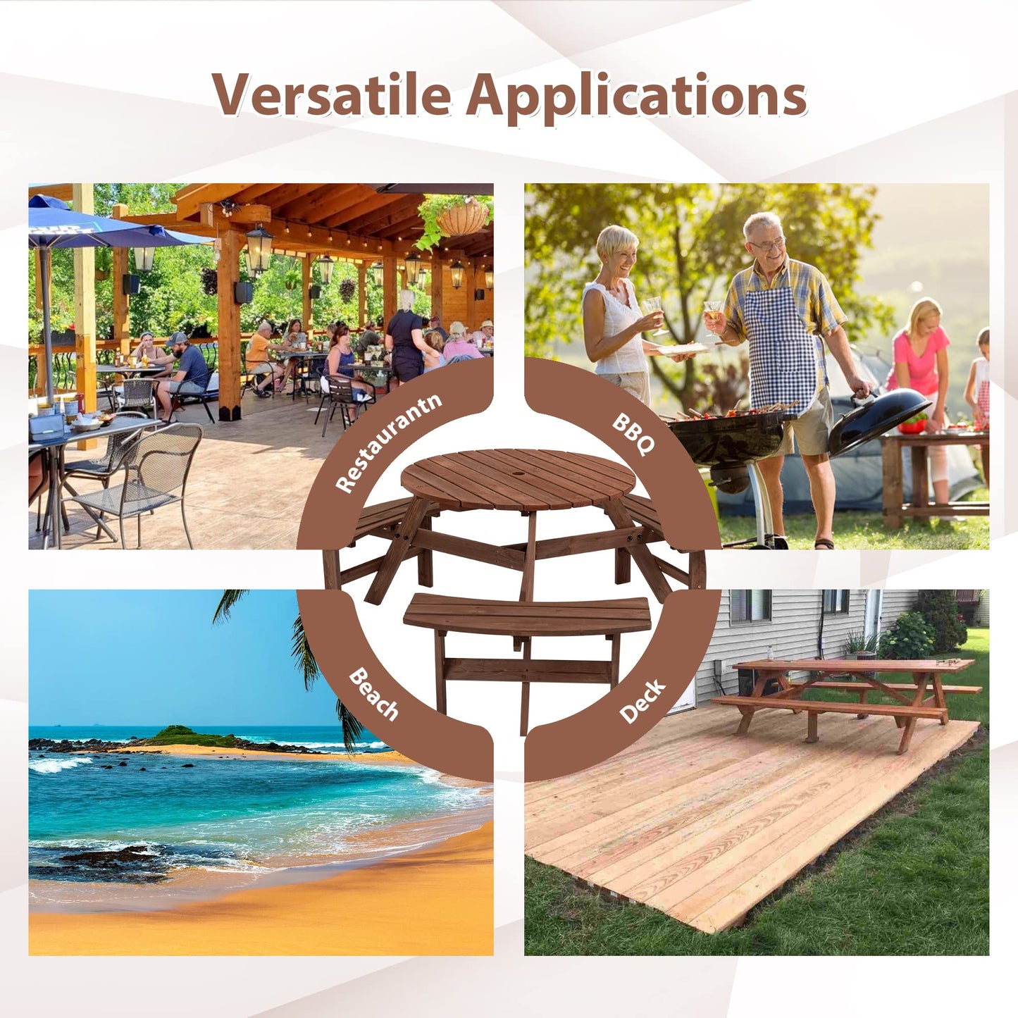 SSLine 6-Person Solid Wood Picnic Table Outdoor Round Picnic Table and Bench Set with Umbrella Hole Outside Wooden Table and Chairs Set for Patio Backyard Garden Lawn (Dark Brown)