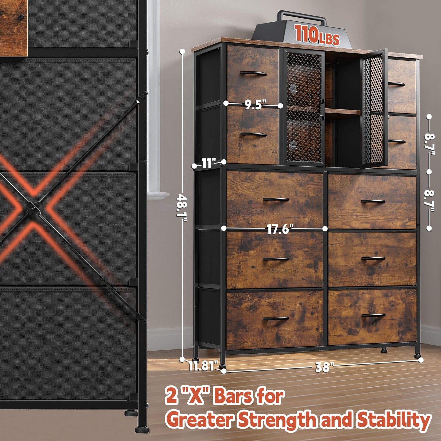 Dresser for Bedroom with Mesh Door Tall Dressers & Chests of Drawers with 10 Fabric Drawers Bedroom Dresser Organizer, Metal Frame, Wood Top, Closet, Entryway, Rustic Brown, 48.1" Hx38 Wx11.81 D