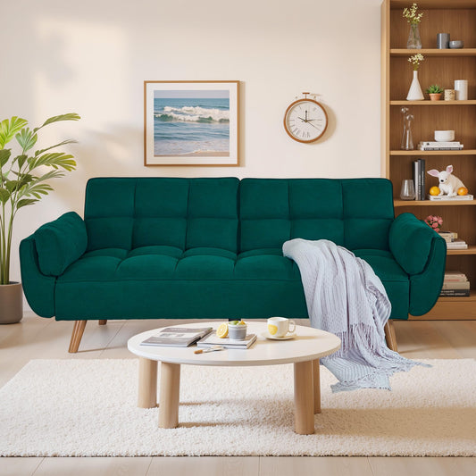 Convertible Futon Couch Bed, Sleeper Sofa Bed with Adjustable Backrests, Linen Loveseat Sofa 3 Seater Comfy Couch for Small Spaces, Living Room, Bedroom(Green, 75")
