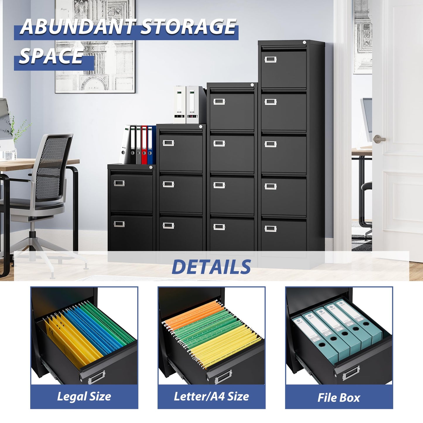 Anxxsu 5 Drawer File Cabinet, Filing Cabinets for Home Office, Vertical File Cabinet with Lock, 61.6" H Locking File Cabinet for A4 Legal/Letter, Assembly Required (Black)