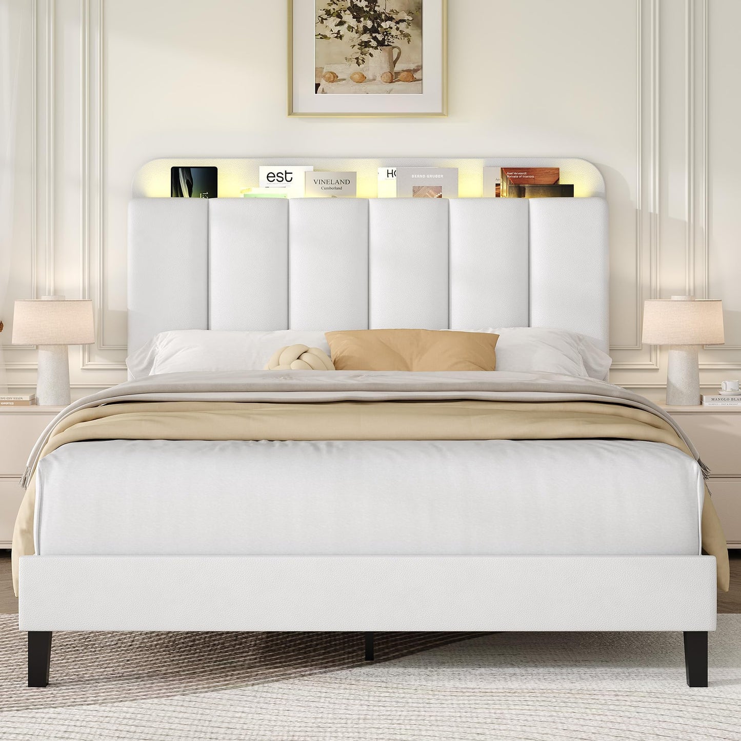 Queen Bed Frame with Storage, PU Upholstered Platform Bed with LED Lights Headboard, Noise-Free, Easy Assembly, No Box Spring Needed, White