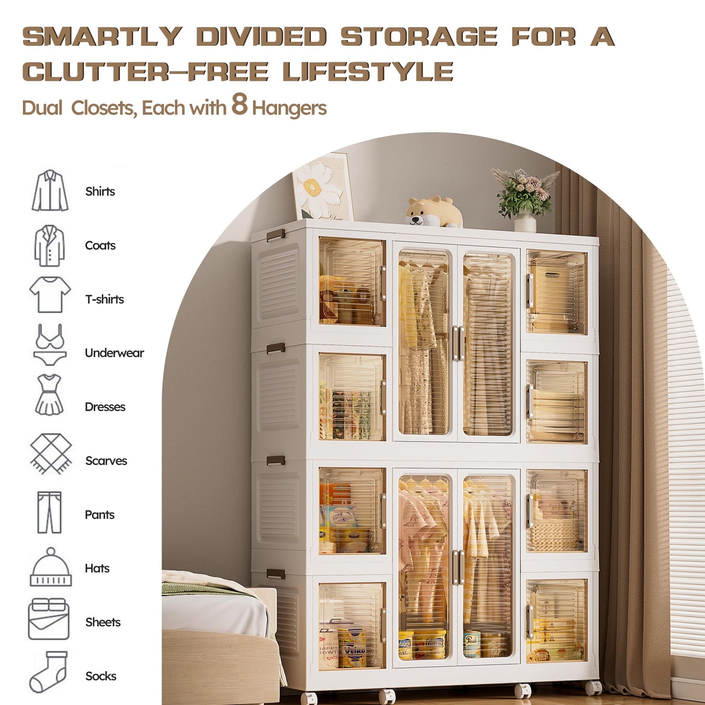 Montary Portable Kids Closet, Children's Wardrobe Closet with Transparent Doors, Plastic Baby Wardrobe Storage Cabinet with 12 Cubes, 2 Hanging Rod & 16 Hangers, Suitable for Living Room, Bedroom