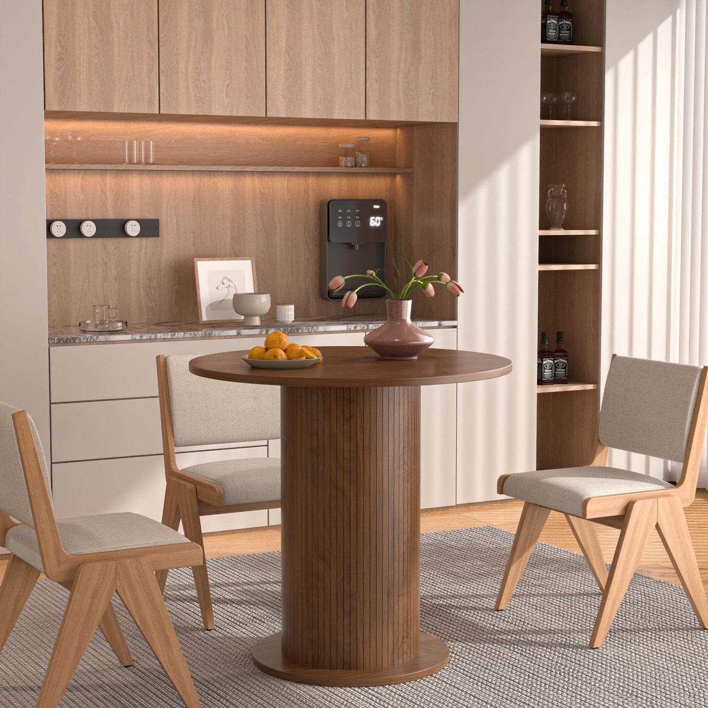 31.5 inch Round Dining Table for 2, Modern Farmhouse Kitchen Table, Small Circle Dining Tables with Wood Strip Base for Kitchen Living Room (Walnut)