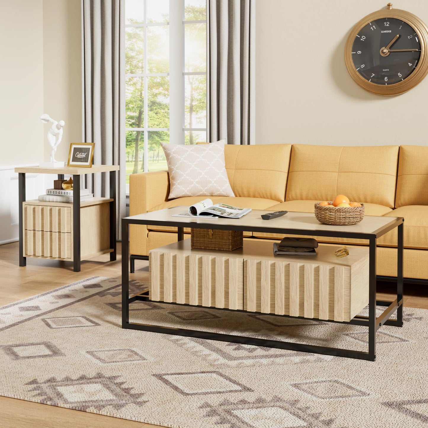 UEV Coffee Table Set of 3,Living Room Table Set,Mid Century Coffee Table,End Side Tables Set of 2 with 2 Drawer for Living Room & Bedroom,Ivory White