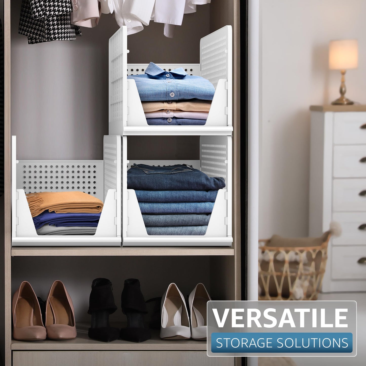 Sorbus Shelf Organizer - Closet Shelf Organizer for Clothes, Closet, Bathroom, Kitchen, Garage - Plastic Stackable Shelf Organizer Baskets - Open Front Design Under Shelf Organizer
