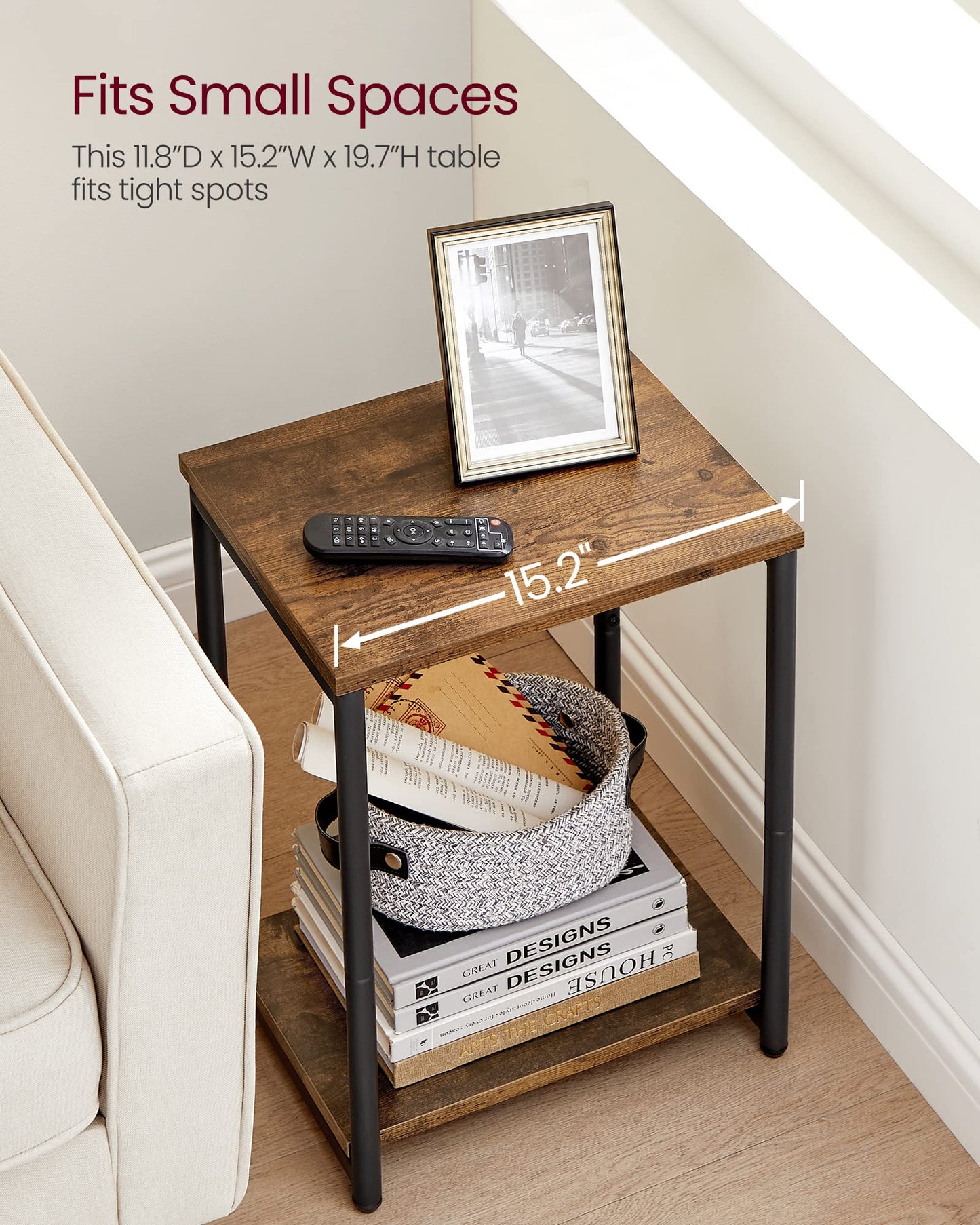 VASAGLE Side Table, Small End Table, Nightstand for Living Room, Bedroom, Office, Bathroom, Rustic Brown and Black ULET271B01