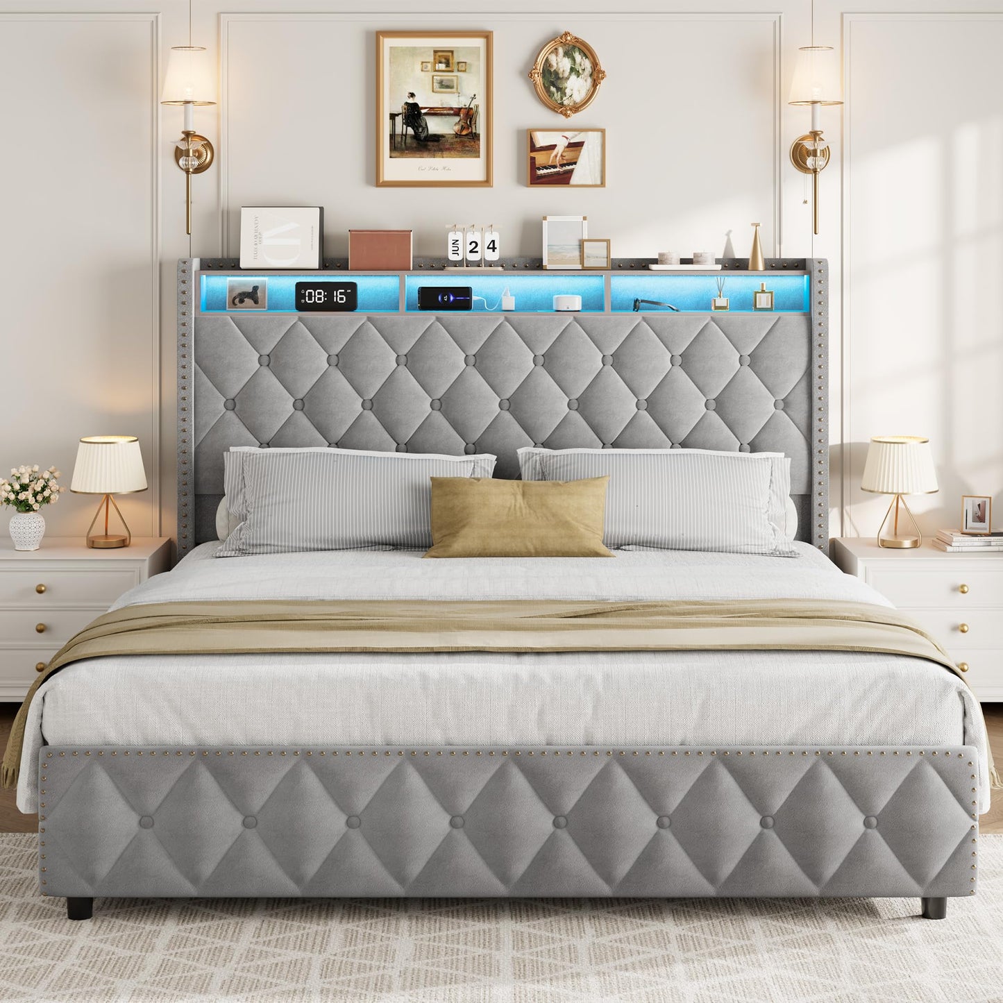 GarveeHome Queen Bed Frame with 50.8" Tall Headboard, Platform Velvet Upholstered Bed Frame with 4 Storage Drawers, USB Charging Station, Led Lights, No Box Spring Needed, Easy Assembly, Dark Grey