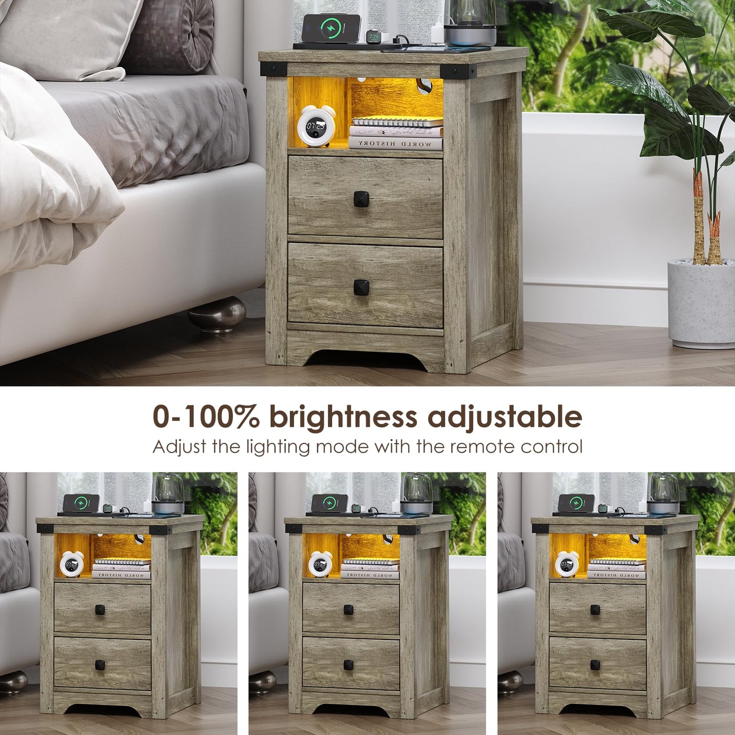 RexTact Farmhouse Nightstand with LED Lights and Built-in Power Outlets & USB Ports,17.7"D x 17.7"W Bedside Table with 2 Drawers and Open Storage Shelf, End Table for Bedroom,Home Study Storage,Gray