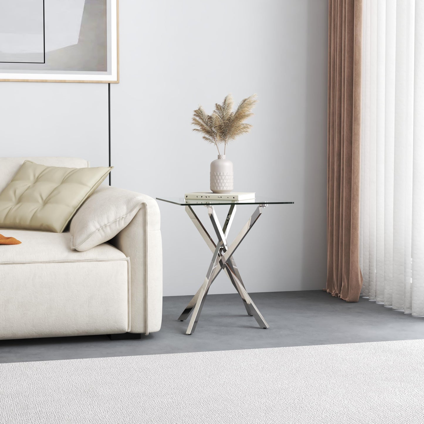 NIERN Small Side Coffee Table Set of 2 with Chromed Legs, Tempered Glass Square Modern End Table for Living Sofa Room Home Office (2 Pieces, Silver, 19.68"×19.68"×21.65")