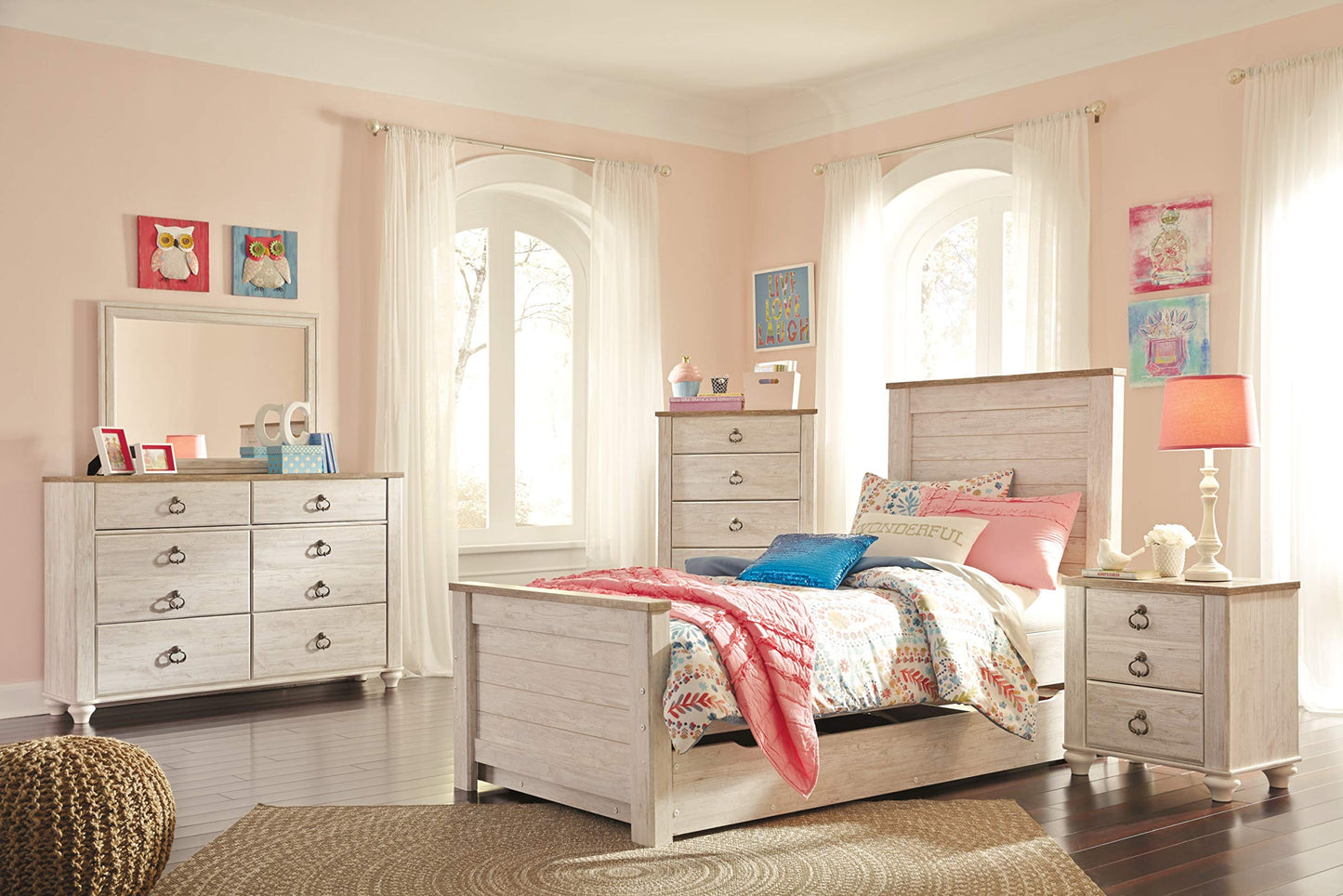 Signature Design by Ashley Willowton Farmhouse 2 Drawer Nightstand with USB Charging Ports, 25.67" Tall, Whitewash