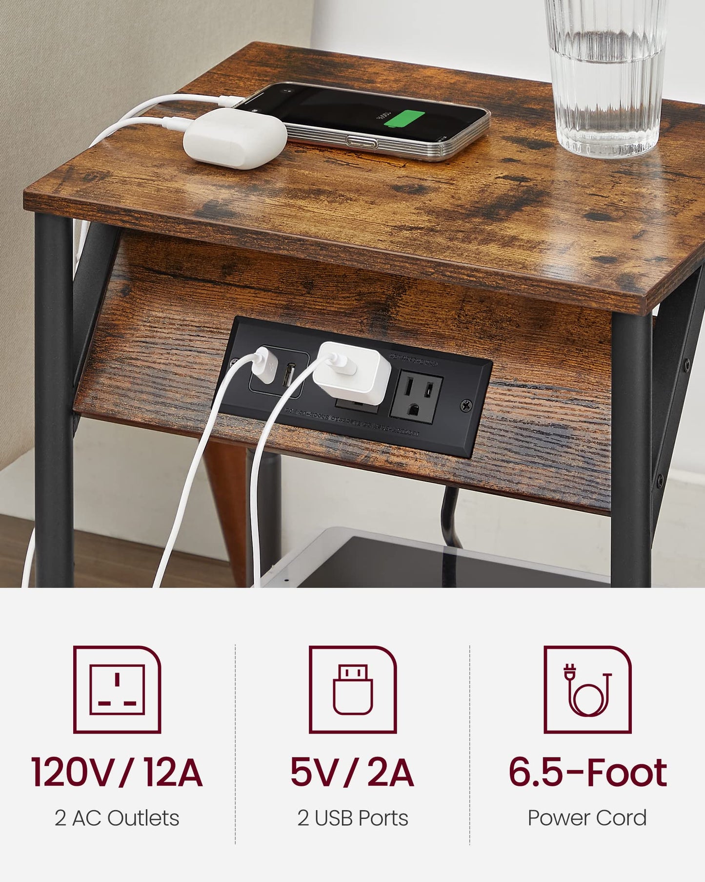 VASAGLE End Table with Charging Station, Set of 2, Small Side Tables for Living Room, Bedroom, Nightstand with Outlets and USB Ports, Bedside Table with Storage Shelf, Rustic Brown and Black