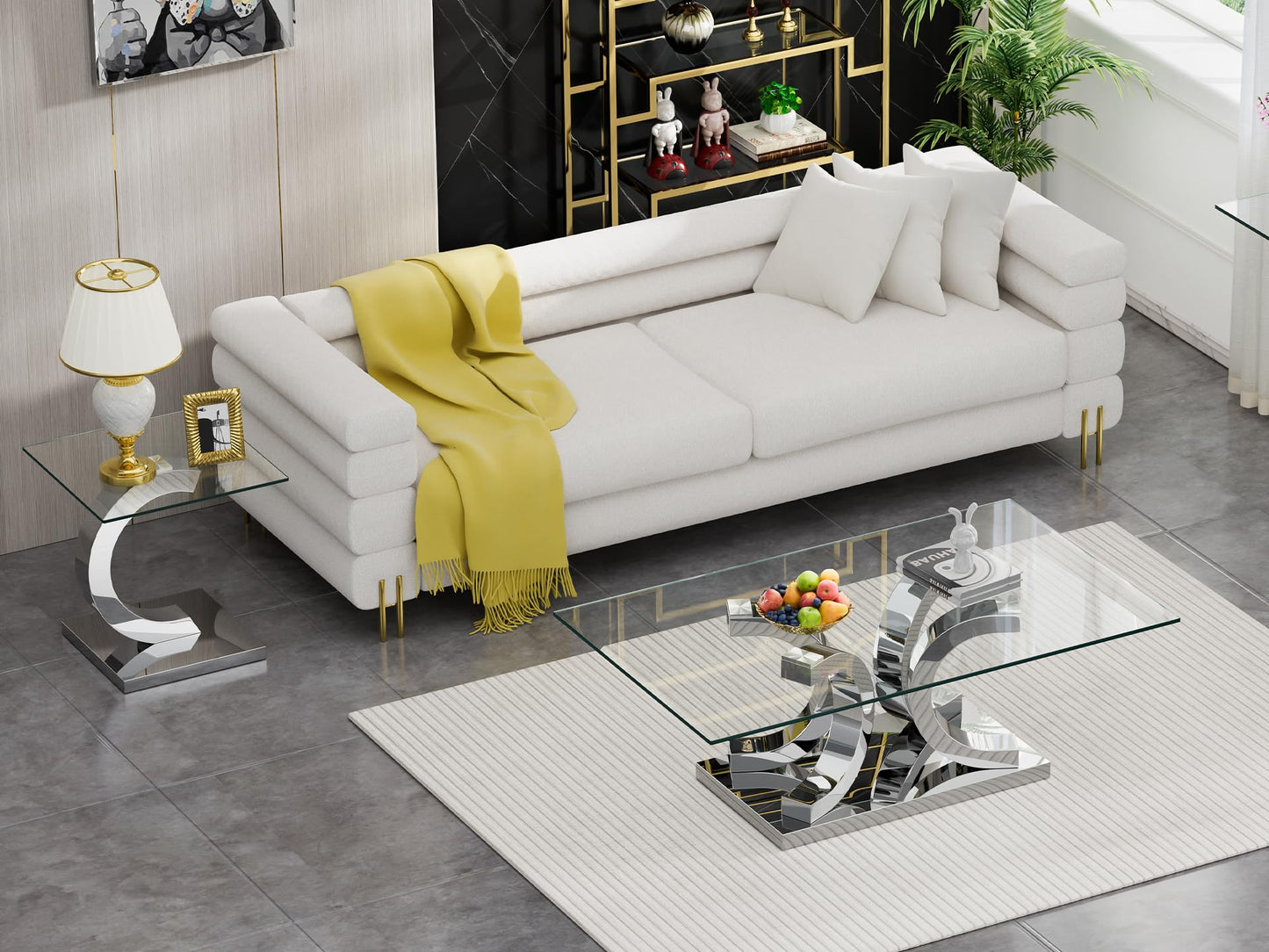Modern Silver Glass Coffee Table Set of 3, Clear Glass Coffee Table and 2 End Side Table Set with Stainless Steel Frame, Luxury Silver 3 Piece Living Room Table Set for Home Office Apartment