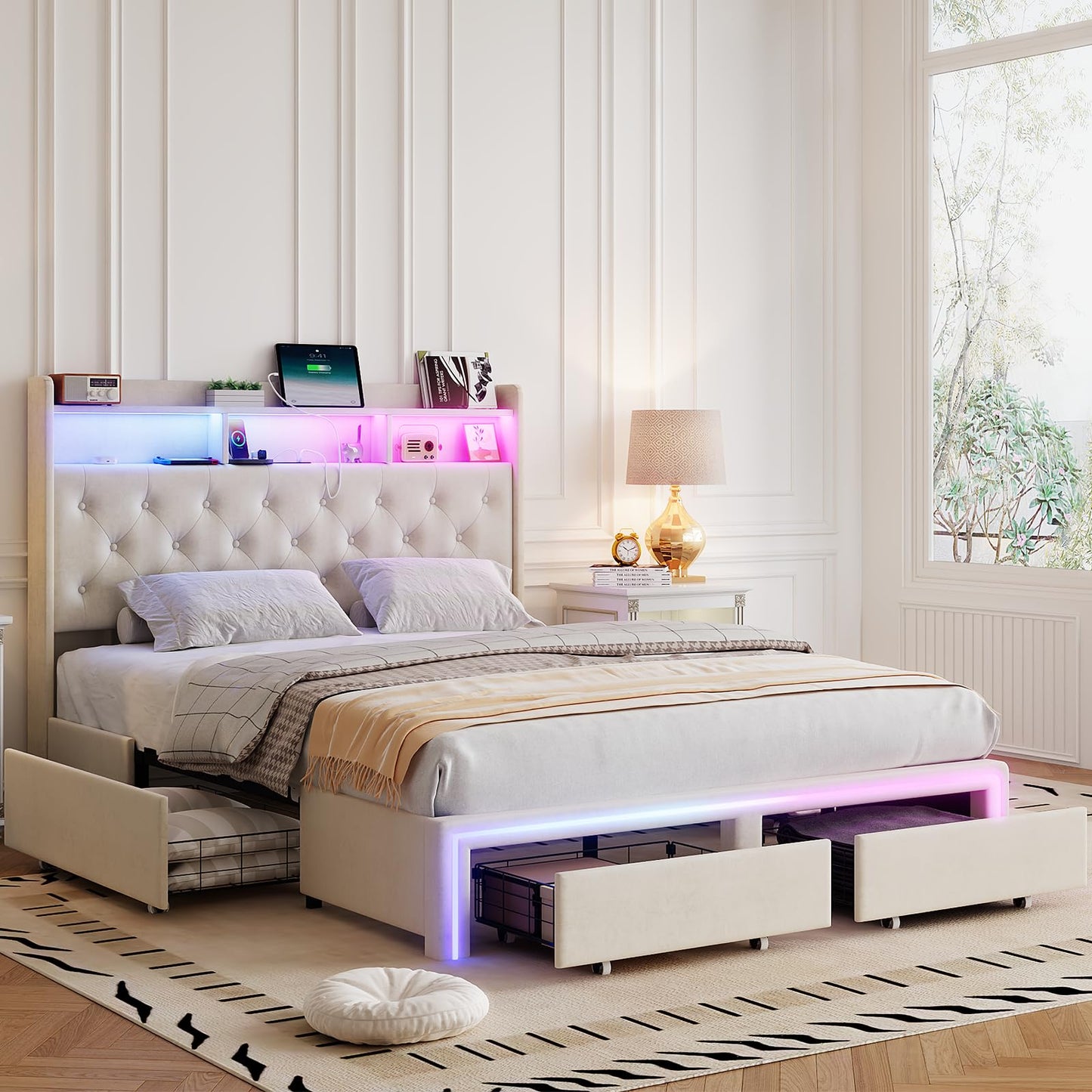 VINTLJUS Full LED Bed Frame with Storage Headboard & Charging Station, Velvet Fabric Platform Bed Frames with 4 Drawers, Button Tufted Upholstered, No Box Spring Needed, Beige