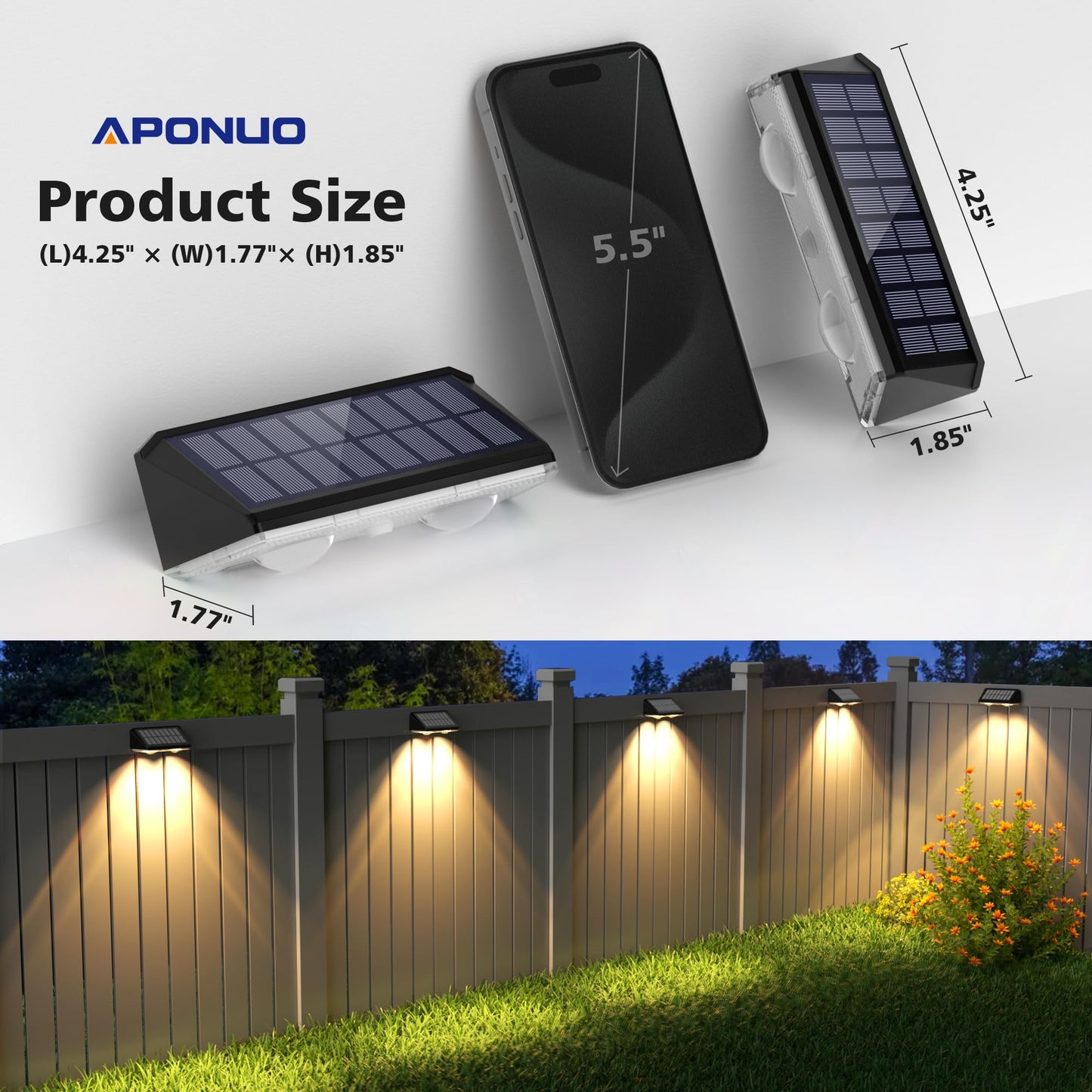 APONUO Solar Fence Lights Outdoor Waterproof, Fence Lights Solar Powered, 9 RGB Color Modes&Warm White&Cool White, Fence Solar Light Outdoor for Backyard, Patio, Wall, Yard,Deck（Black, 12 Pack）