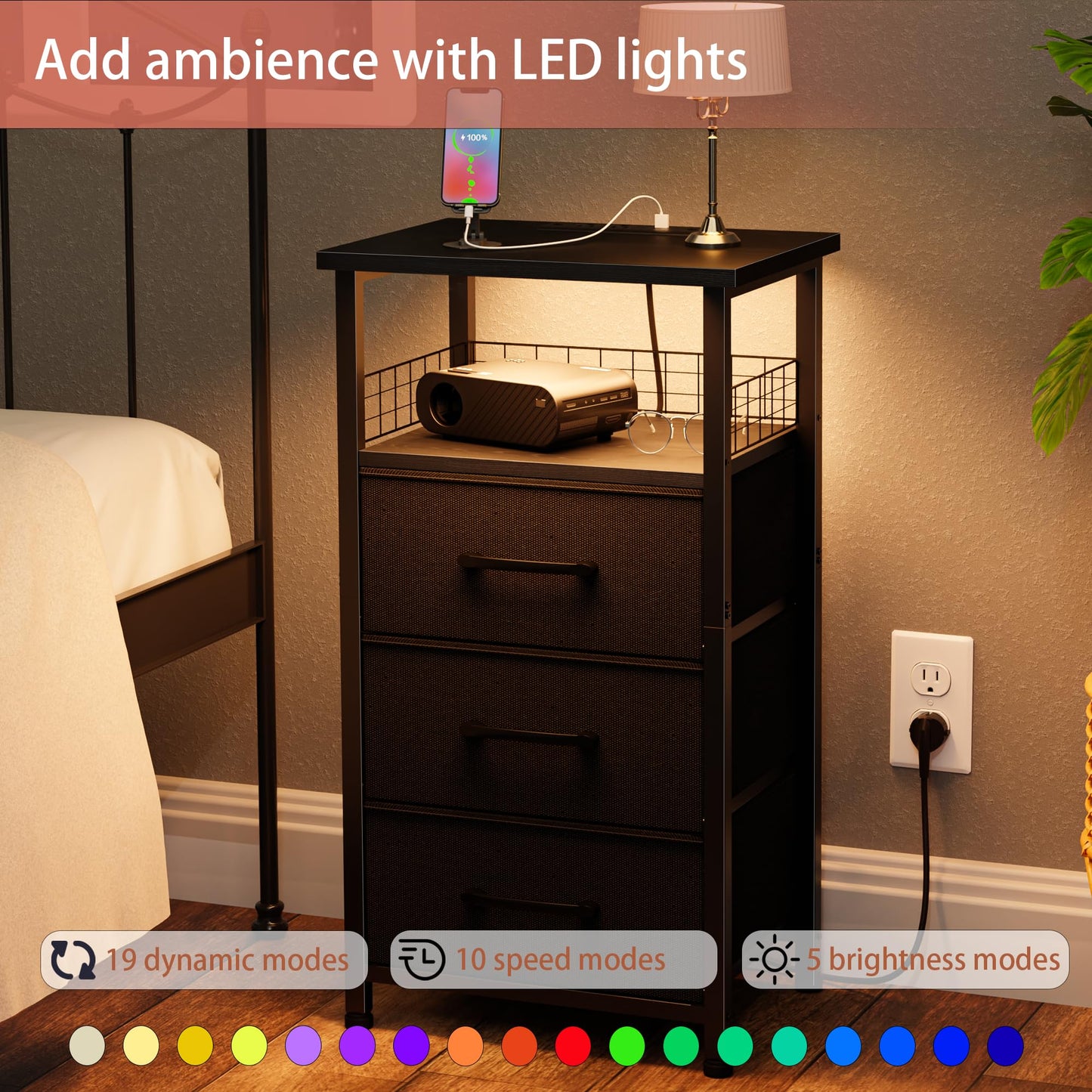 LAKEMID Night Stand Set 2 with Charging Station, End Table Set of 2 with 20 Colors LED Light Strip, 3 Fabric Drawers, Bedside Table with USB Ports and Outlets for Bedroom (Black)