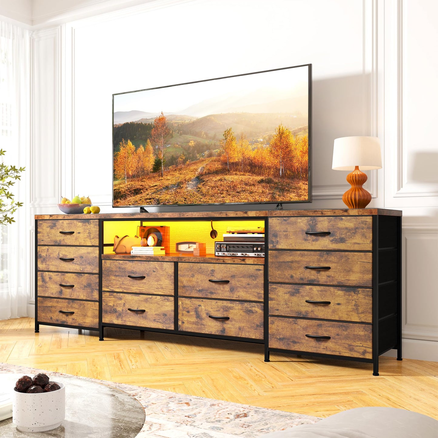 12 Drawer Dresser TV Stand for 65 70 75 Inch TV 63" W Extra Long Dresser for Bedroom with LED Lights & Power Outlets Entertainment Center with Fabric Drawers for Closet, Rustic Brown