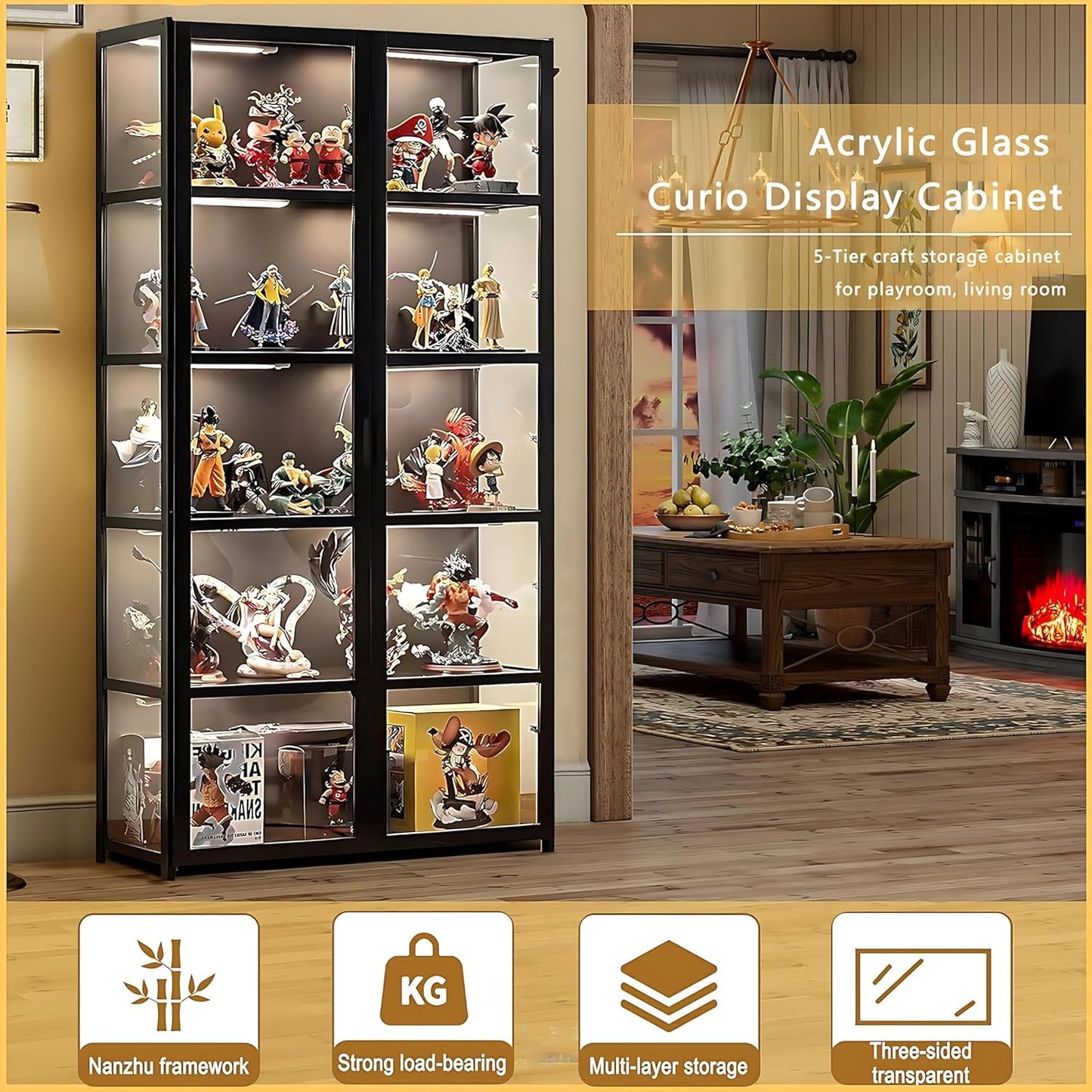 HMBTCRY Display Cabinet with Acrylic Glass Doors,5-Tier Display Cases for Collectibles, Large Toy Display Shelves & Kids Bookcase for Playroom, Bedroom Study Room (Black-1)