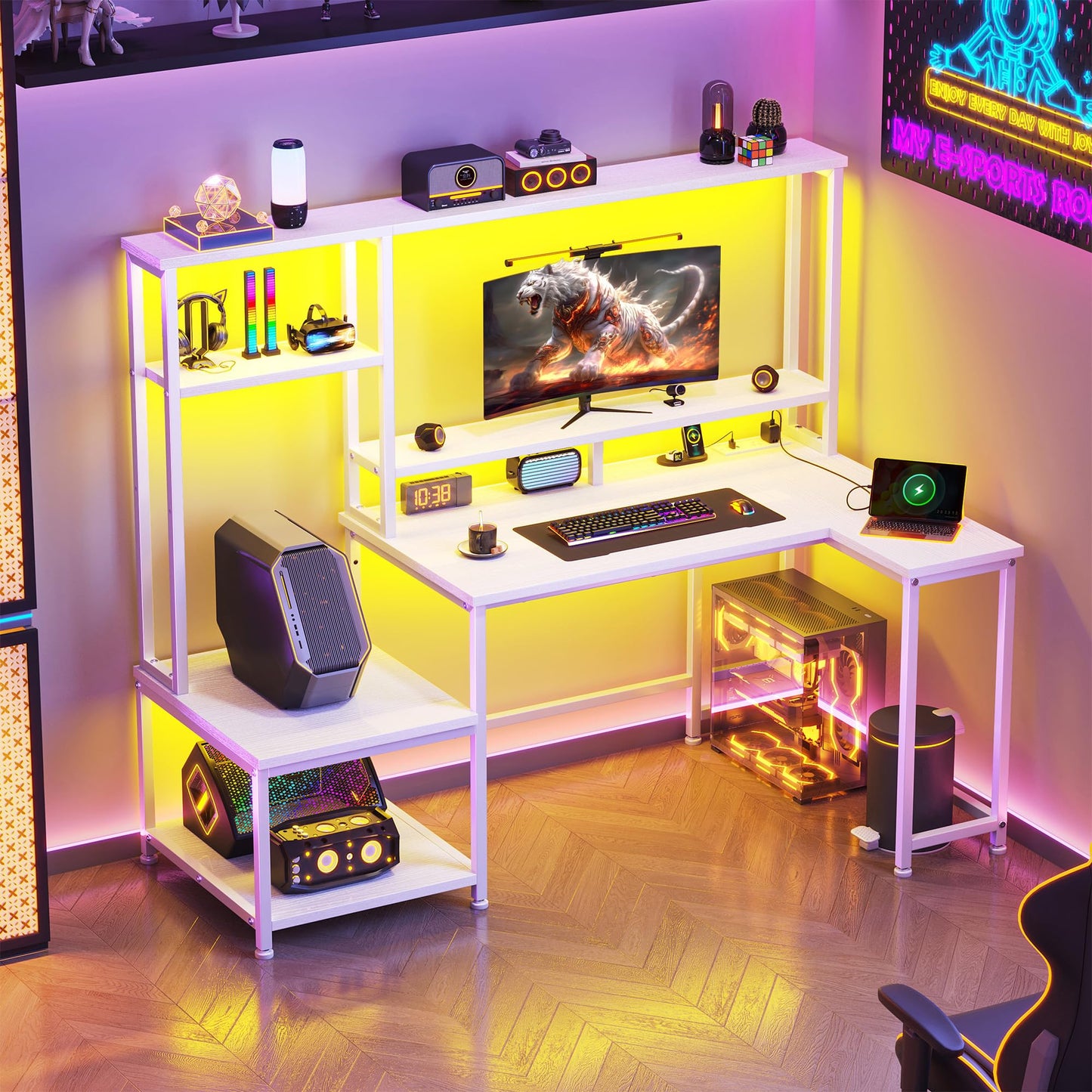 L Shaped Gaming Desk with LED Lights & Outlets,55" Computer Desk with Shelves & Storage Hutch,Reversible Corner Gaming Table with Printer Space & Monitor Stand for Game Room,Home Office,White