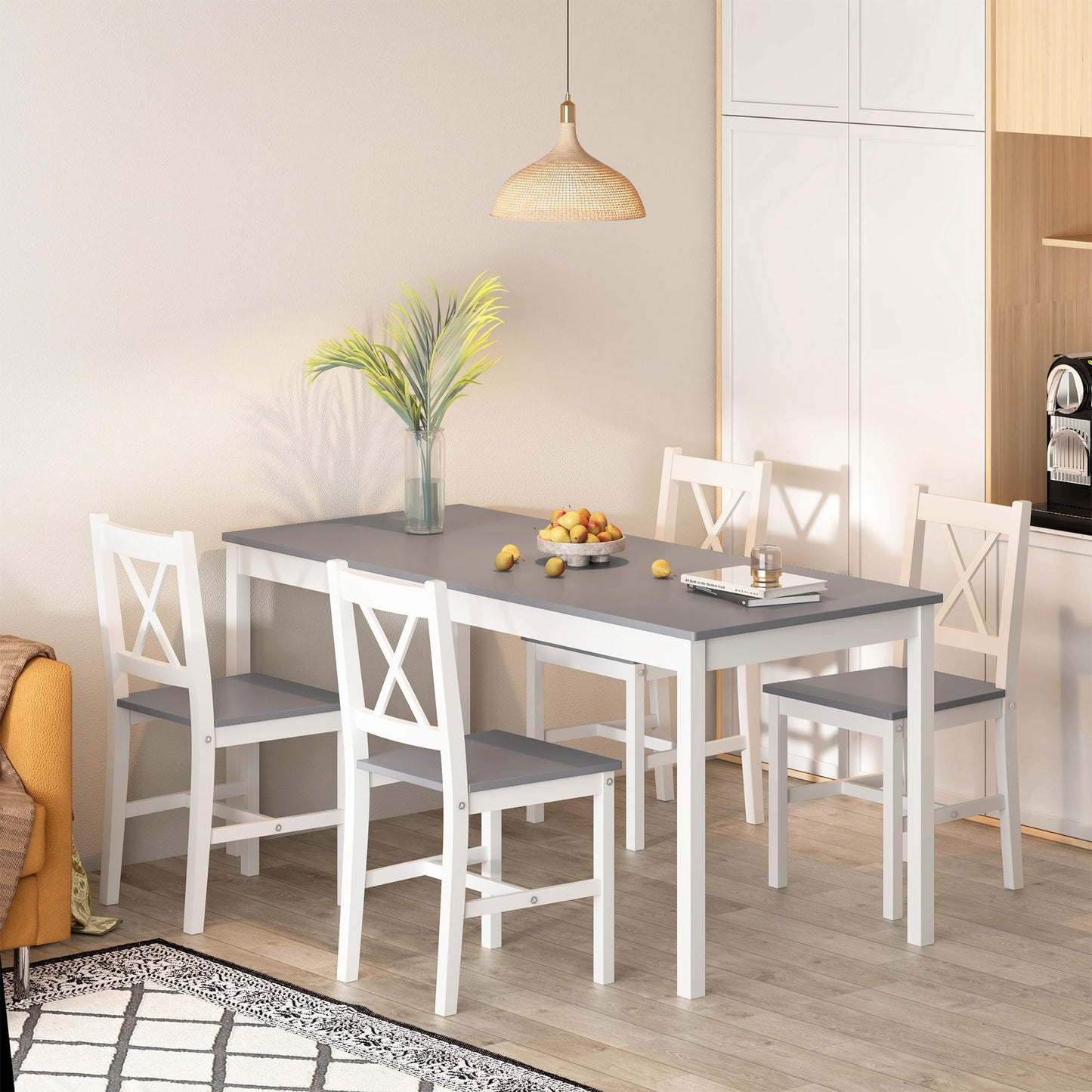 soges 5 Pieces Dining Table Set, Pine Wood Kitchen Table with 4 Chairs, 47.2 inch Table Set for 4, Rectangular Dining Table Furniture Set for Kitchen, Dining Room, Dinette, White Grey