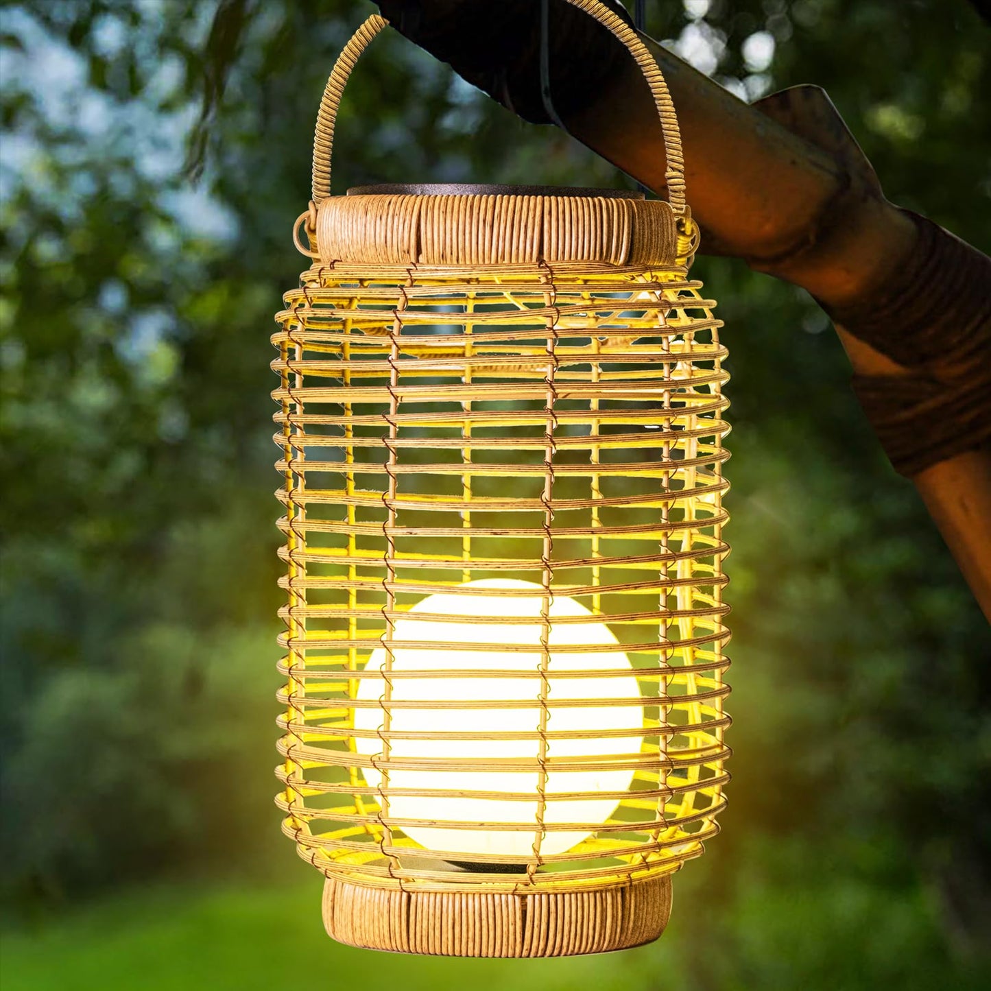 Louxiar Solar Lantern Outdoor Waterproof, Large Hanging Solar Lights Natural Woven Rattan, 12" H Solar Powered Decorative Lantern with Handle for Gardens Patios Pathways Outside Tabletop Decor