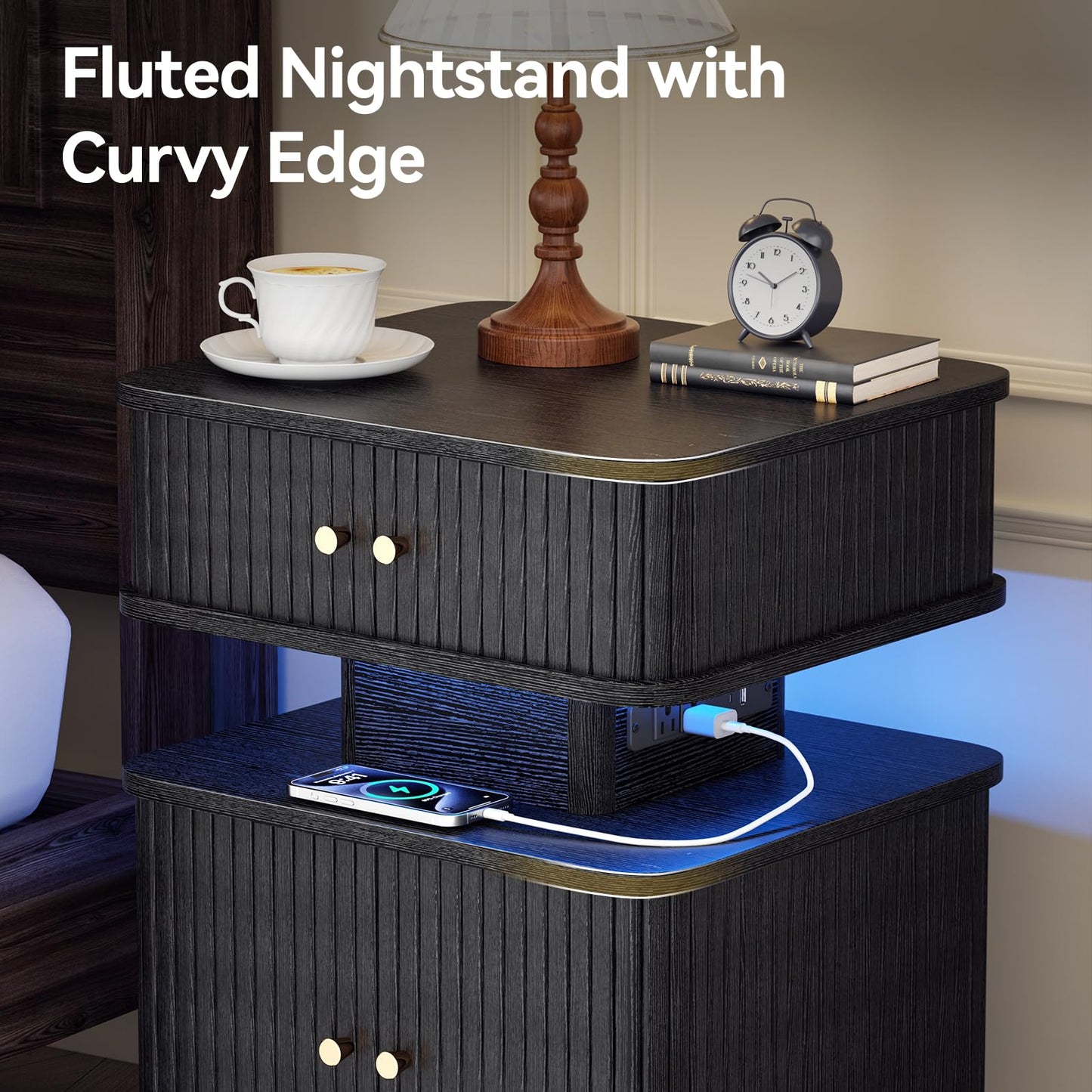 Night Stand, LED Nightstand, Bedroom Night Stand with Charging Station, 2 Drawer Nightstand, Modern Nightstands with Curvy Edge and Sliding Door, Small Bedside Table for Bedroom, Black