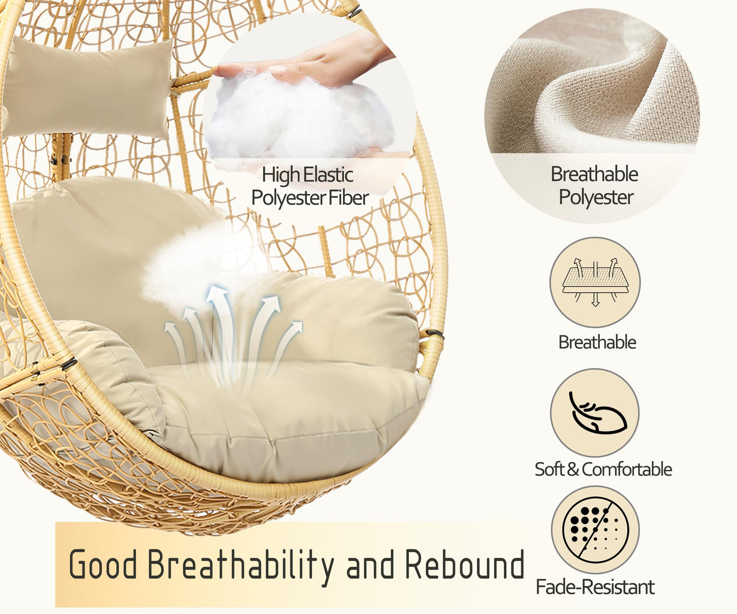 DoubleTT Indoor/Outdoor Wicker Swing Egg Chair Hammock Hanging Chair Nest Basket with Stand, UV Resistant Removable & Washable Cushions,350LBS Capacity for Bedroom, Balcony, Garden (Yellow and Beige)