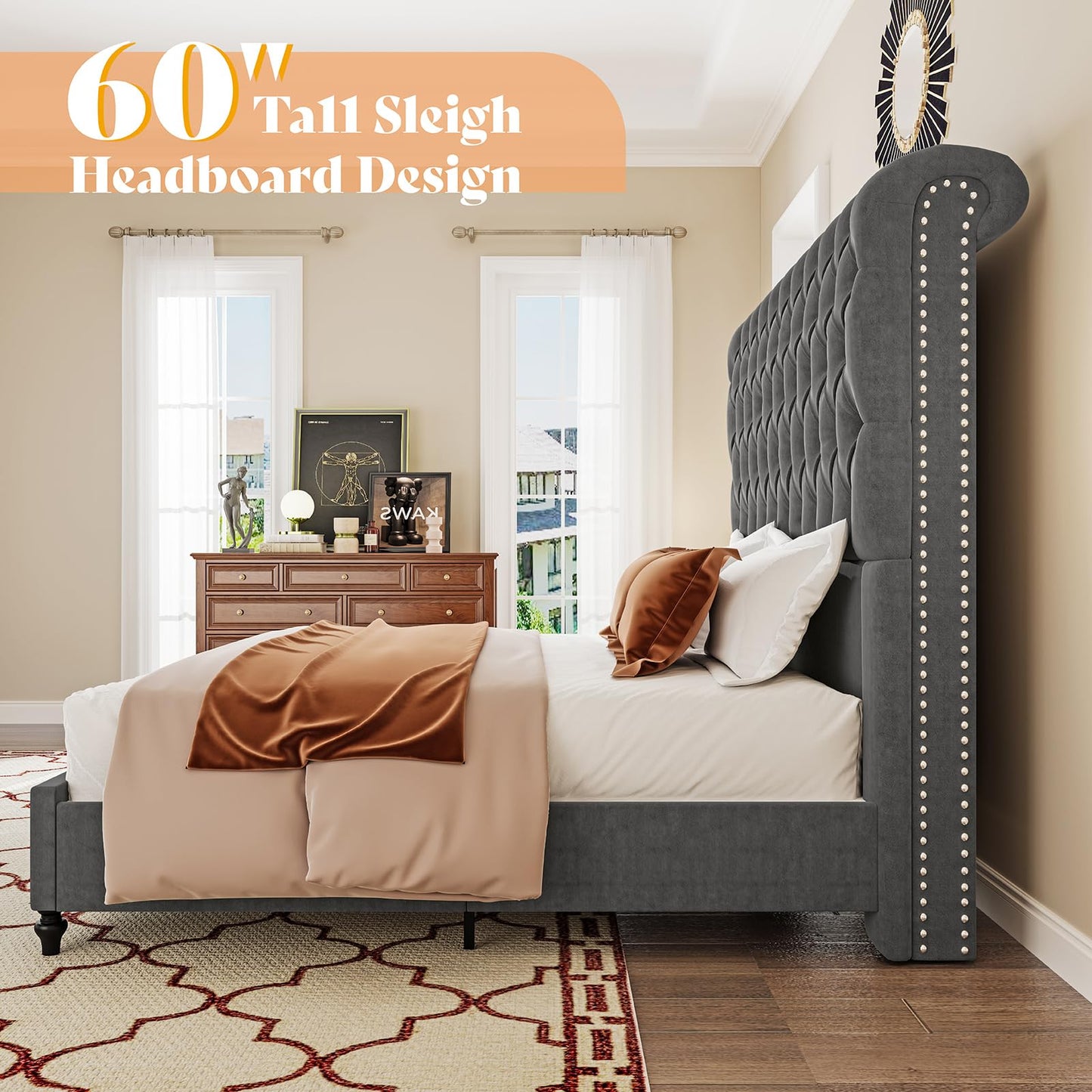 AMERLIFE King Size Bed Frame with 60" Tall Wingback Headboard, Velvet Upholstered Platform, Button Tufted Sleigh Design, No Box Spring Needed,Grey
