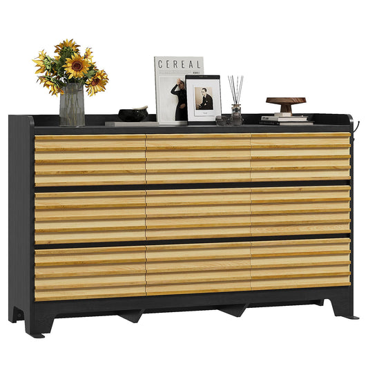 ANCTOR Fluted Dresser for Bedroom with 9 Drawers, 59" Wide Wood Chest of Drawers with 3 Hook and Elevated Tabletop, TV Stand with Drawers, Large Drawer Dresser for Bedroom, Living Room, Hallway, Black