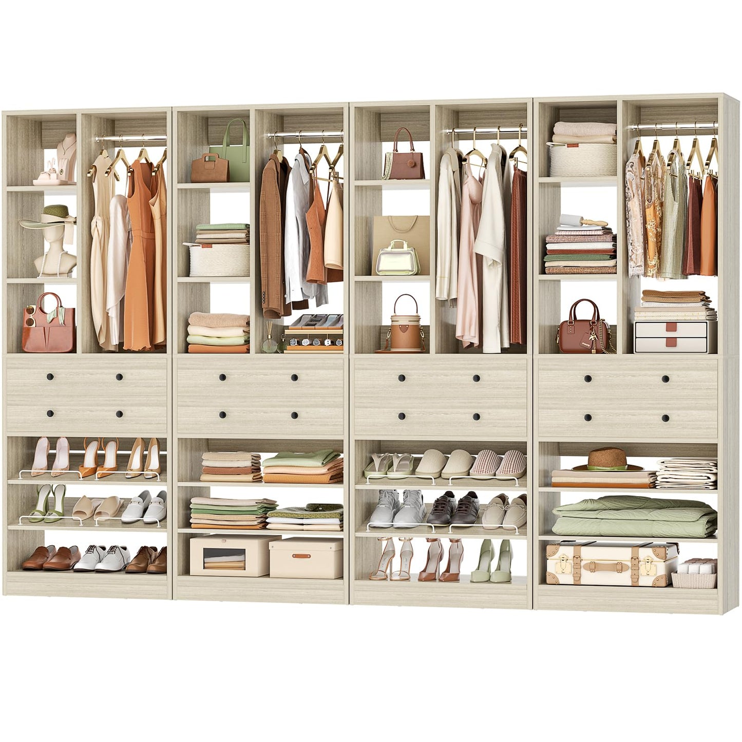 Besiost Closet System, 111"/9.3 FT Closet Organizer System with 8 Drawers and Shelves, Can Fit 120"/10FT Walk-in Closets Systems, Free Standing Reach in Closet Tower, Load 2400+LBS, Greige