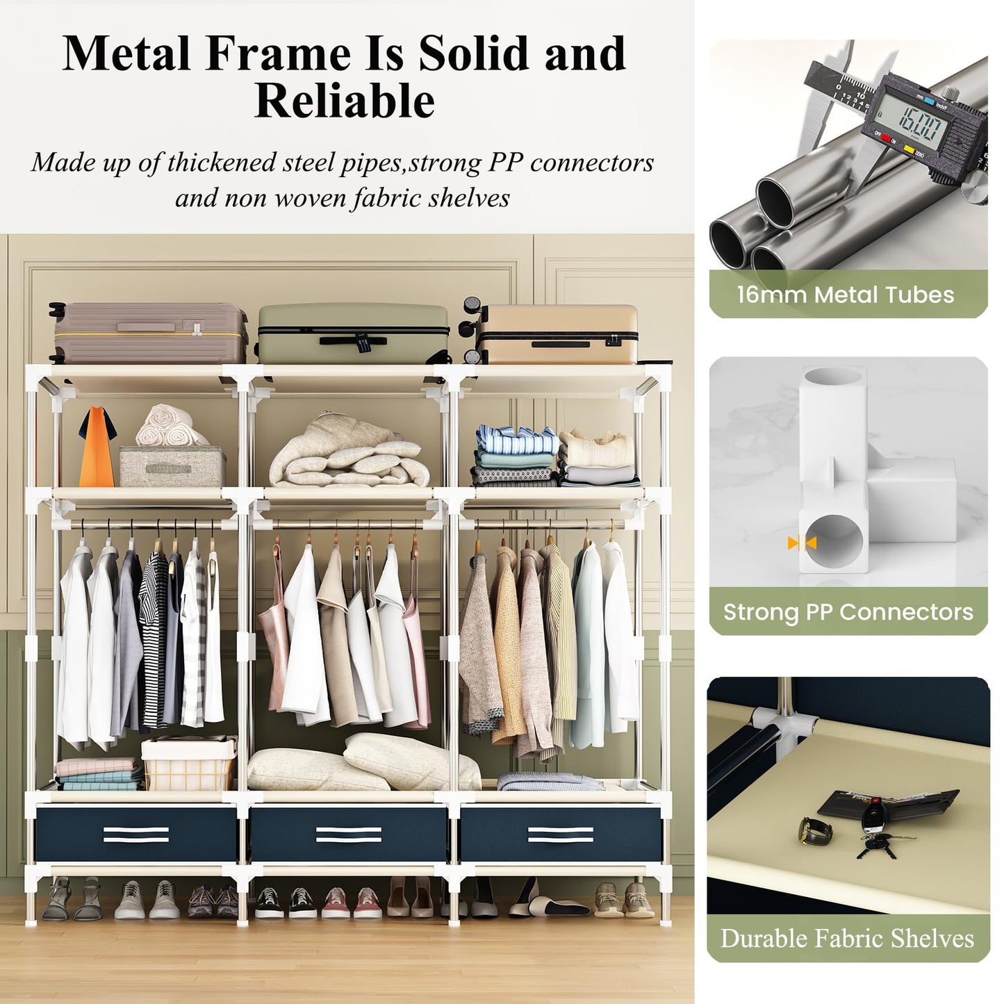 LEAlJlAFY Portable Blue Freestanding Armoire Wardrobe Closet with 3 Drawers,Modern Large Bedroom Metal Clothing Wardrobe Storage Racks for Hanging Clothes,Strong and Sturdy,for Home Small Room