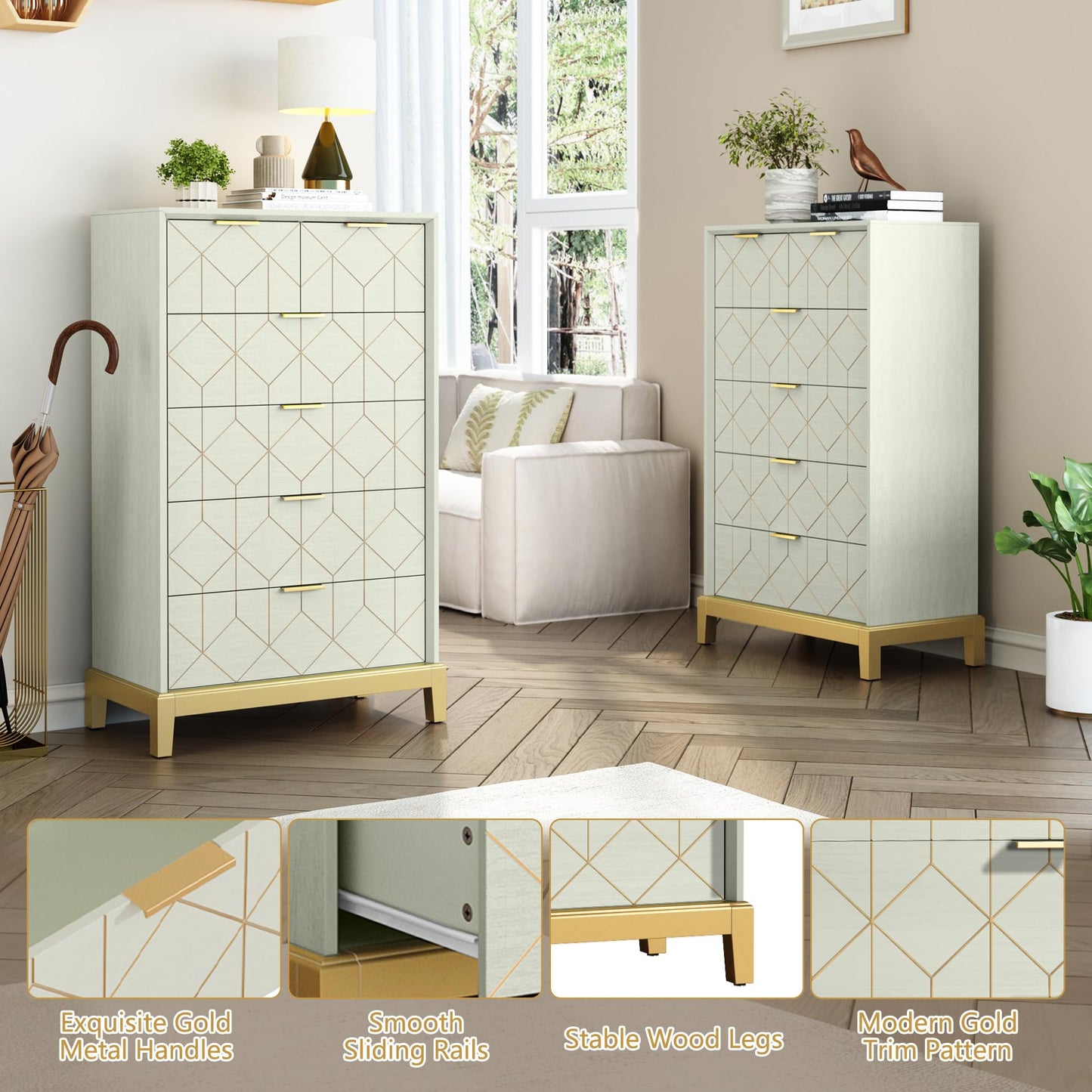 HLR 6 Drawer Dresser for Bedroom,Modern Wood Chest of Drawers with Gold Trim, Green Tall Dresser Storage Tower, Large Capacity Organizer Unit for Closet, Living Room, Hallway, Entryway