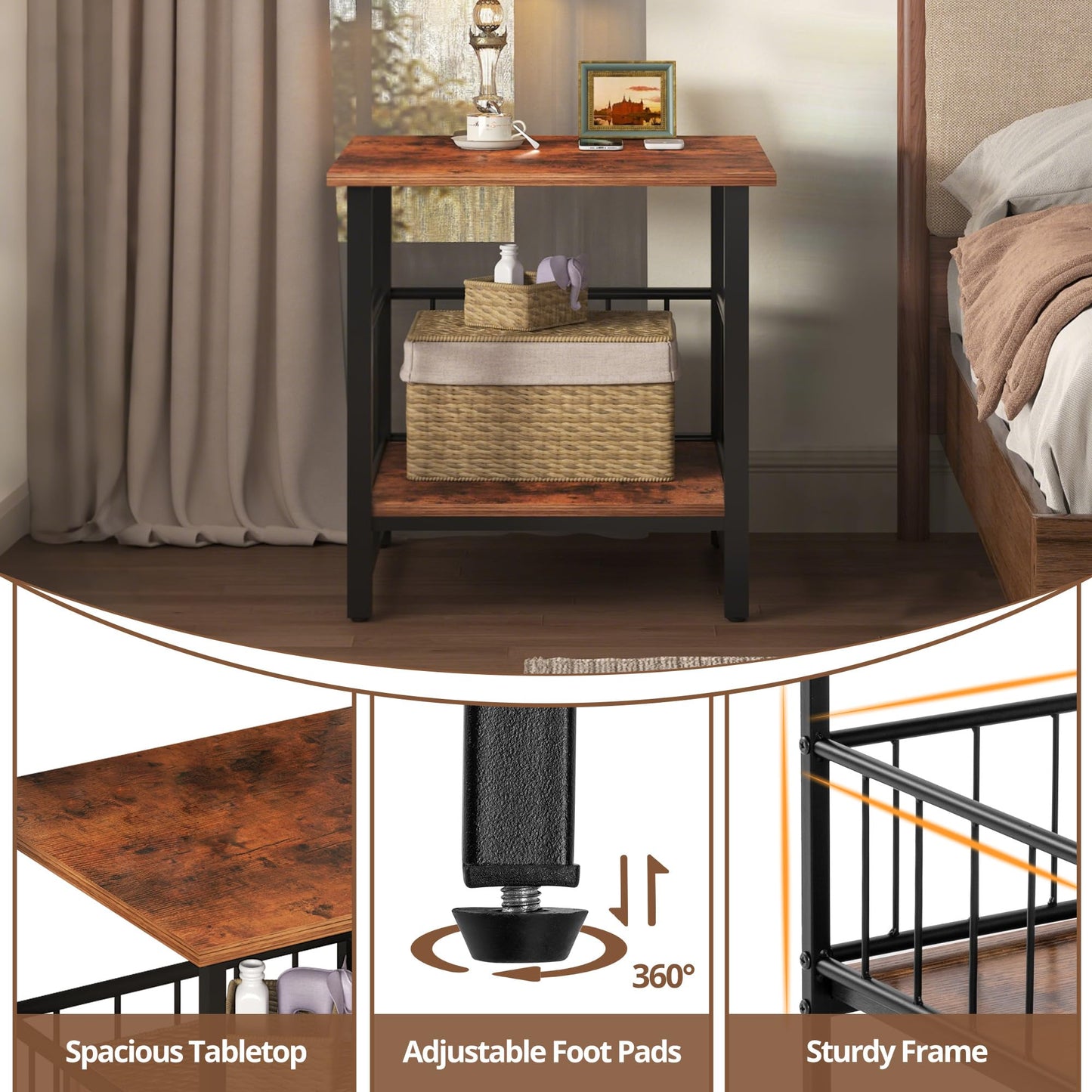 EazeHome Industrial Night Stand, 18” Square Side Table with Open Storage Shelf, Bedside End Table for Bedroom, Heavy Duty Stand for Mini Fridge for Dorm, Kitchen Room, Rustic Brown
