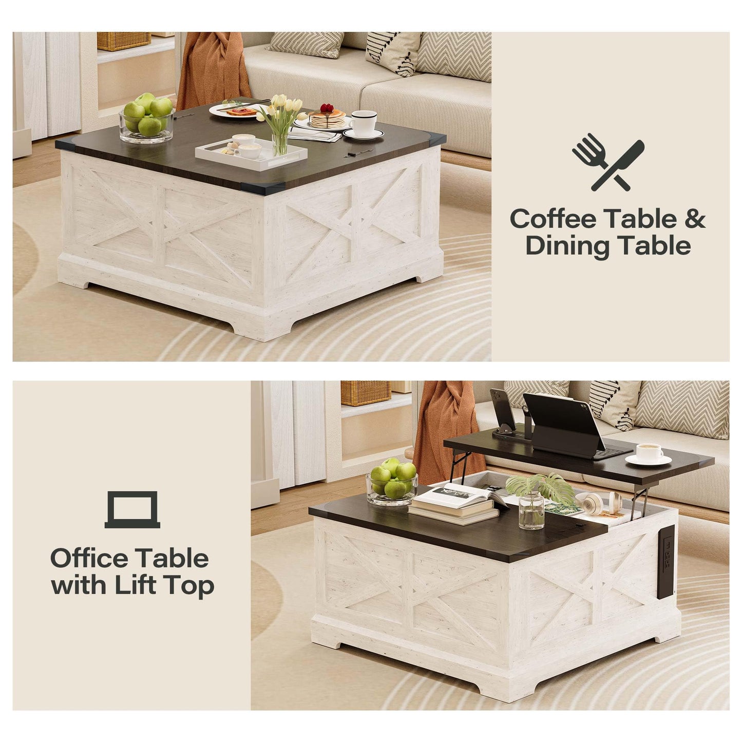 LAUSAINT HOME Farmhouse Lift Top Coffee Table with Large Hidden Storage Compartment, Wood Square Center Table with Lifting Top for Living Room, Home Office, White