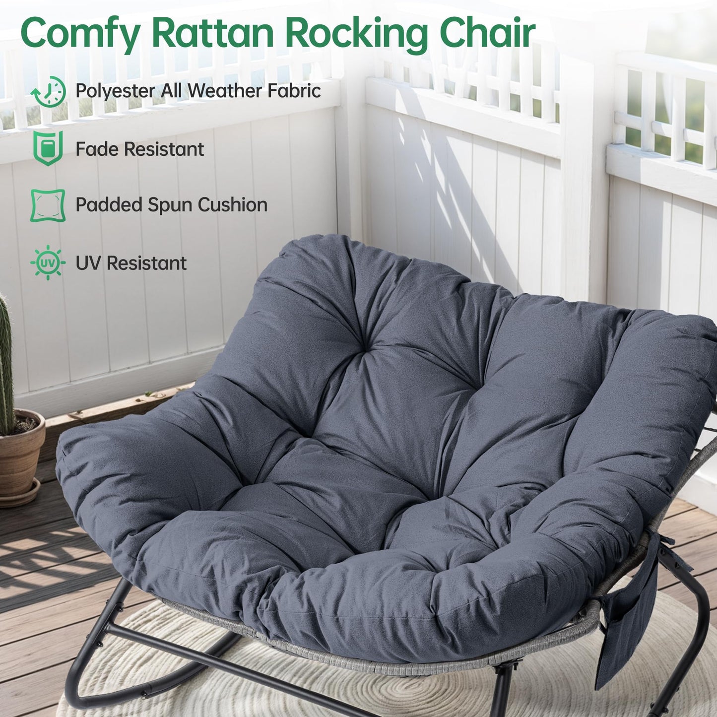 LotFun Papasan Rocking Chair, Outdoor Patio Rocking Chairs with Thick Cushion and Removable Side Pockets, Oversized Rocker Egg Chair for Bedroom, Porch, Garden (Dark Grey, 33" W x 40" D x 28" H)
