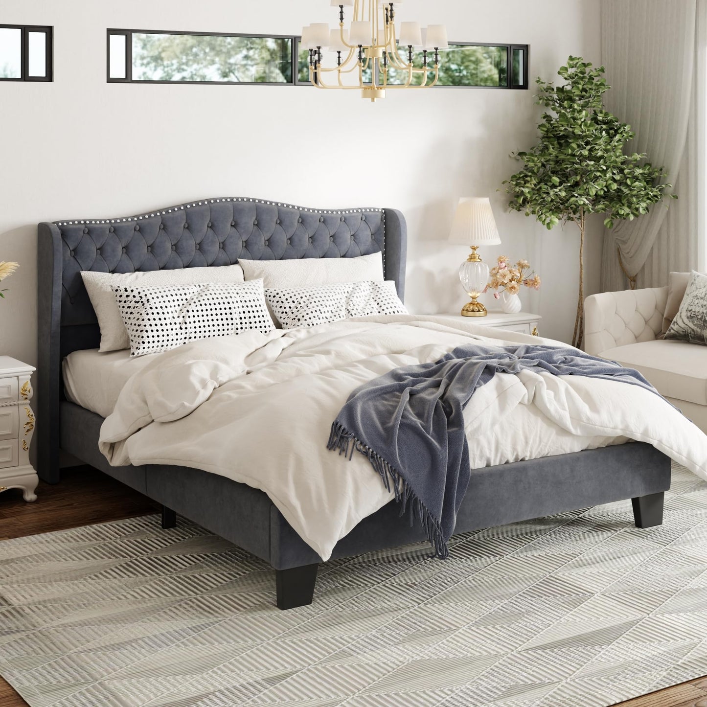 SwnftWinnt Queen Size Upholstered Bed Frame, Velvet Luxury Wingback Headboard, Platform Bed with Deep Button Tufted & Nailhead Trim, No Box Spring Needed, Noise Free, Easy Assembly, Grey