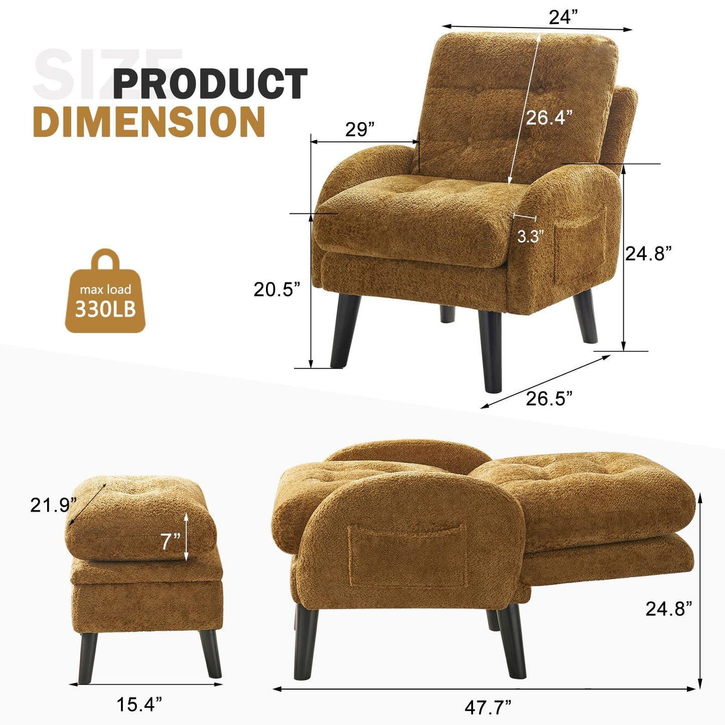 SENYUN Accent Chair with Ottoman Adjustable Backrest,Tufted Living Room Chair Upholstered Lounge Chair with Footrest Set, Modern Chair Cozy Reclining Chair for Reading Room (Chenille - Yellow)