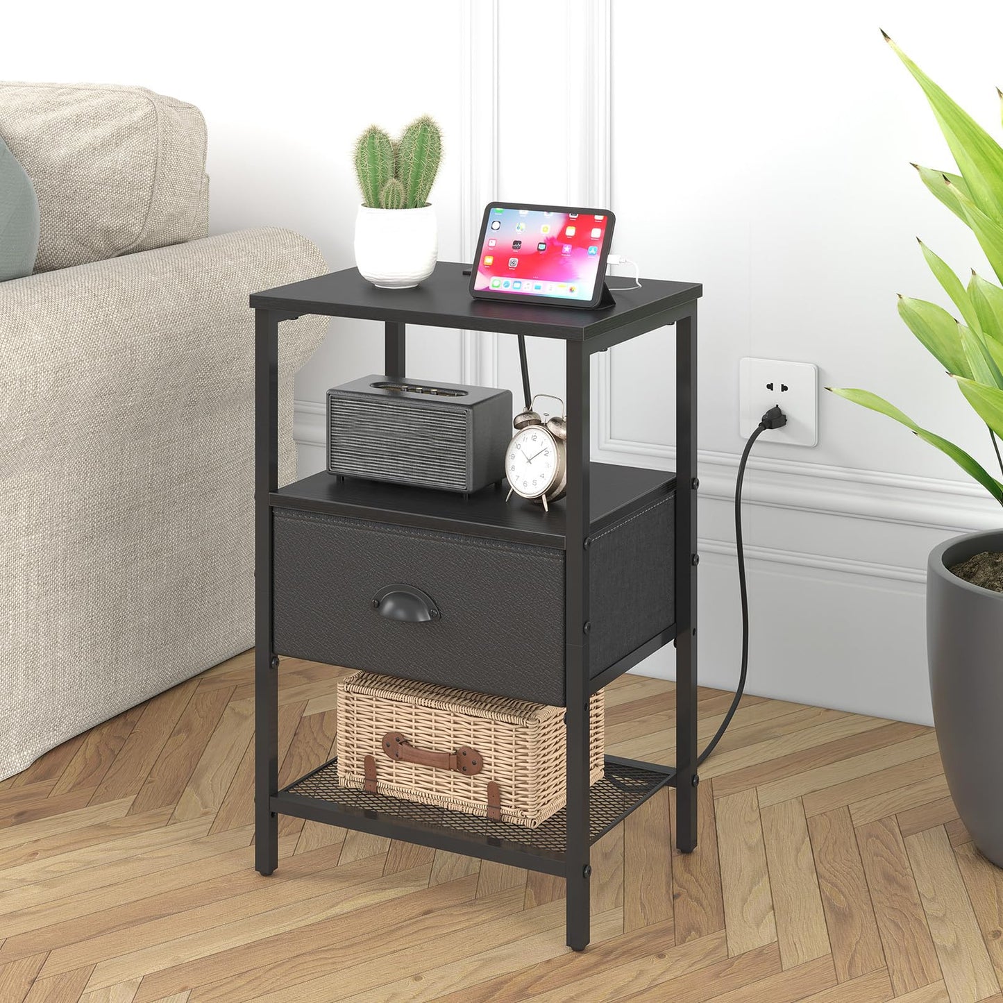 sthmec Nightstands Set of 2, Black Night Stands with Charging Station, Bedside Tables with Fabric Drawers PU Finish, 2-Tier Side Table with Open Shelf, Nightstands with Drawer,Black