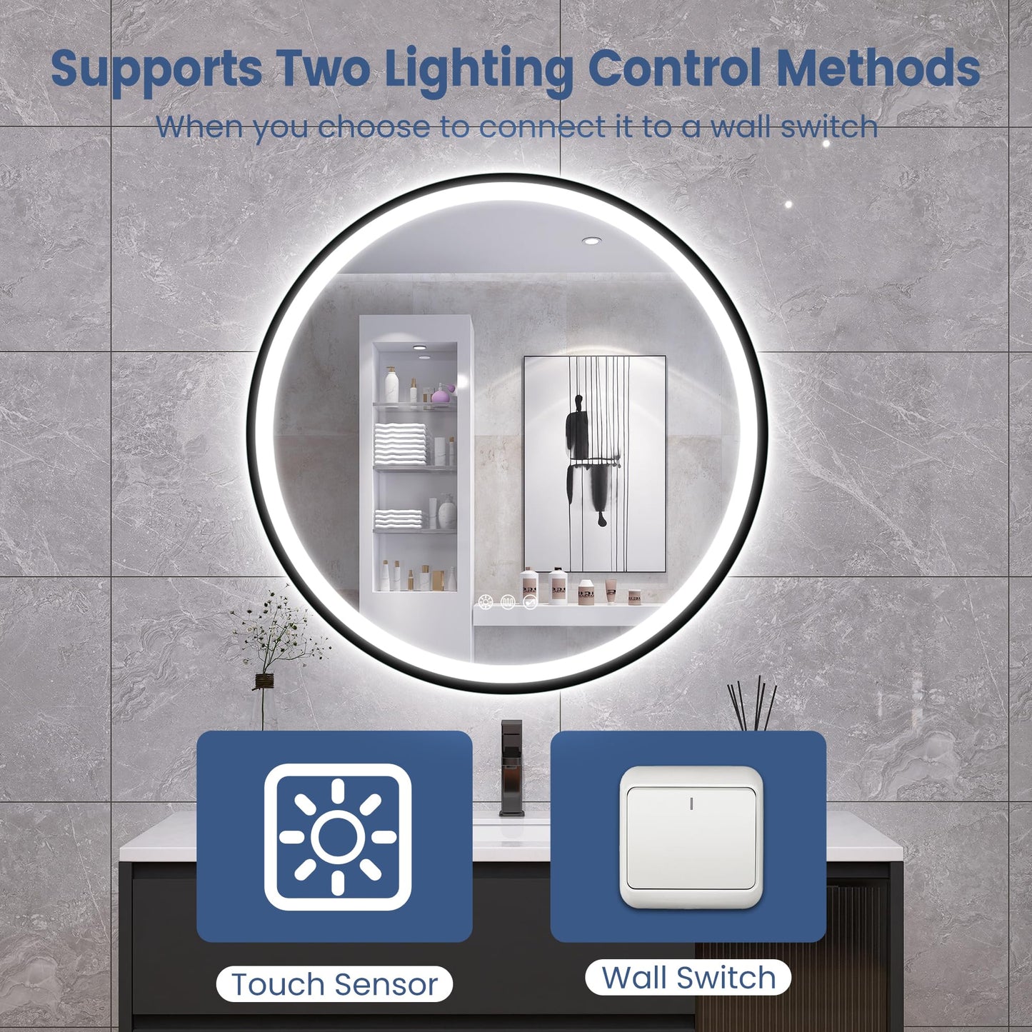 STARLEAD LED-Bathroom-Mirror-with-Lights, 24" Wall-Mounted with Bluetooth Speaker, Anti-Fog, 3 Color Temperature Dimmable Brightness, Waterproof, Frontlit & Backlit, Black Frameless Round