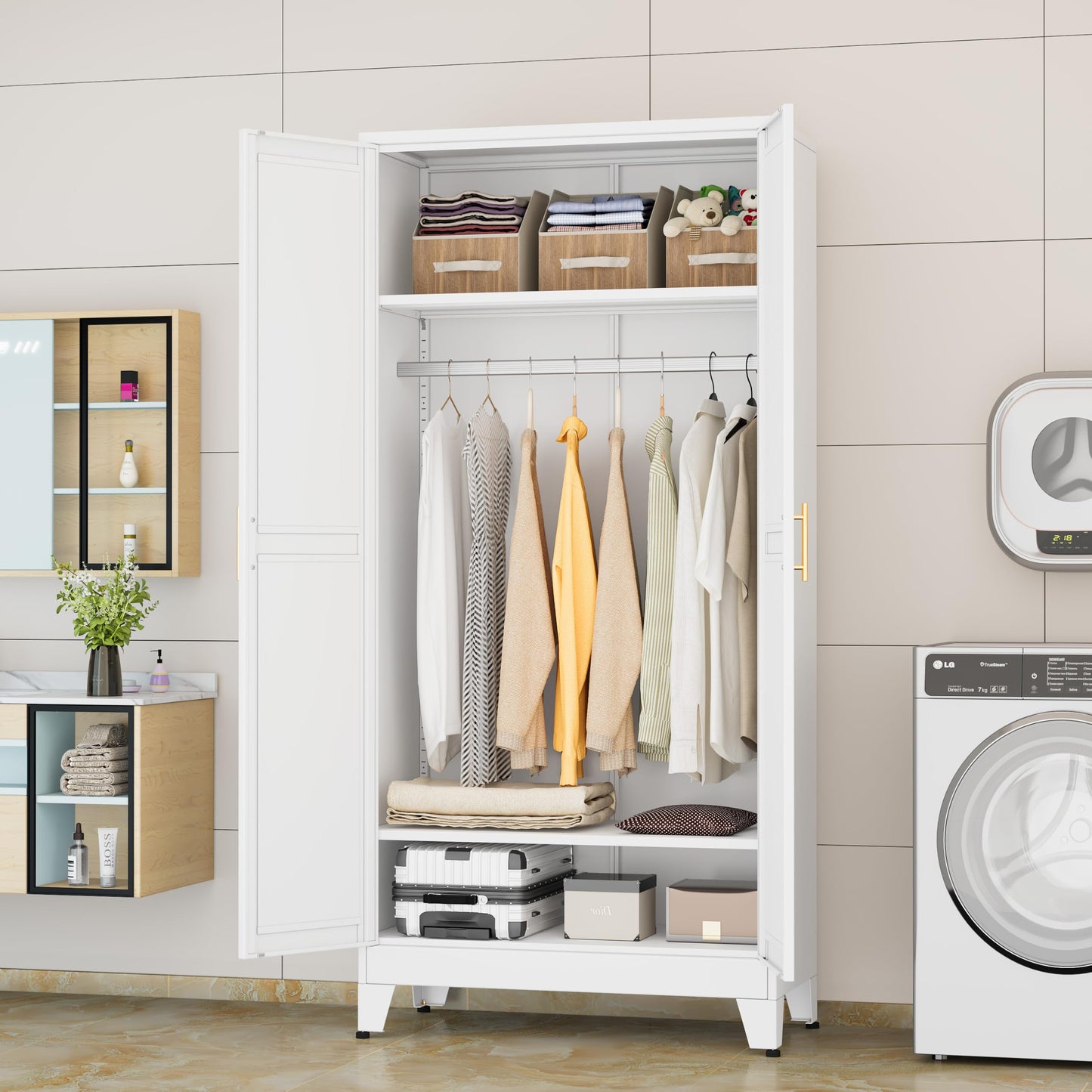 GAIOUS Metal Wardrobe Cabinet with Hanging Rod, 71" Metal Clothing Storage Cabinets with 2 Doors and Adjustable Shelves, White Armoire Wardrobe Closet for Bedroom, Laundry Room, Cloak Room