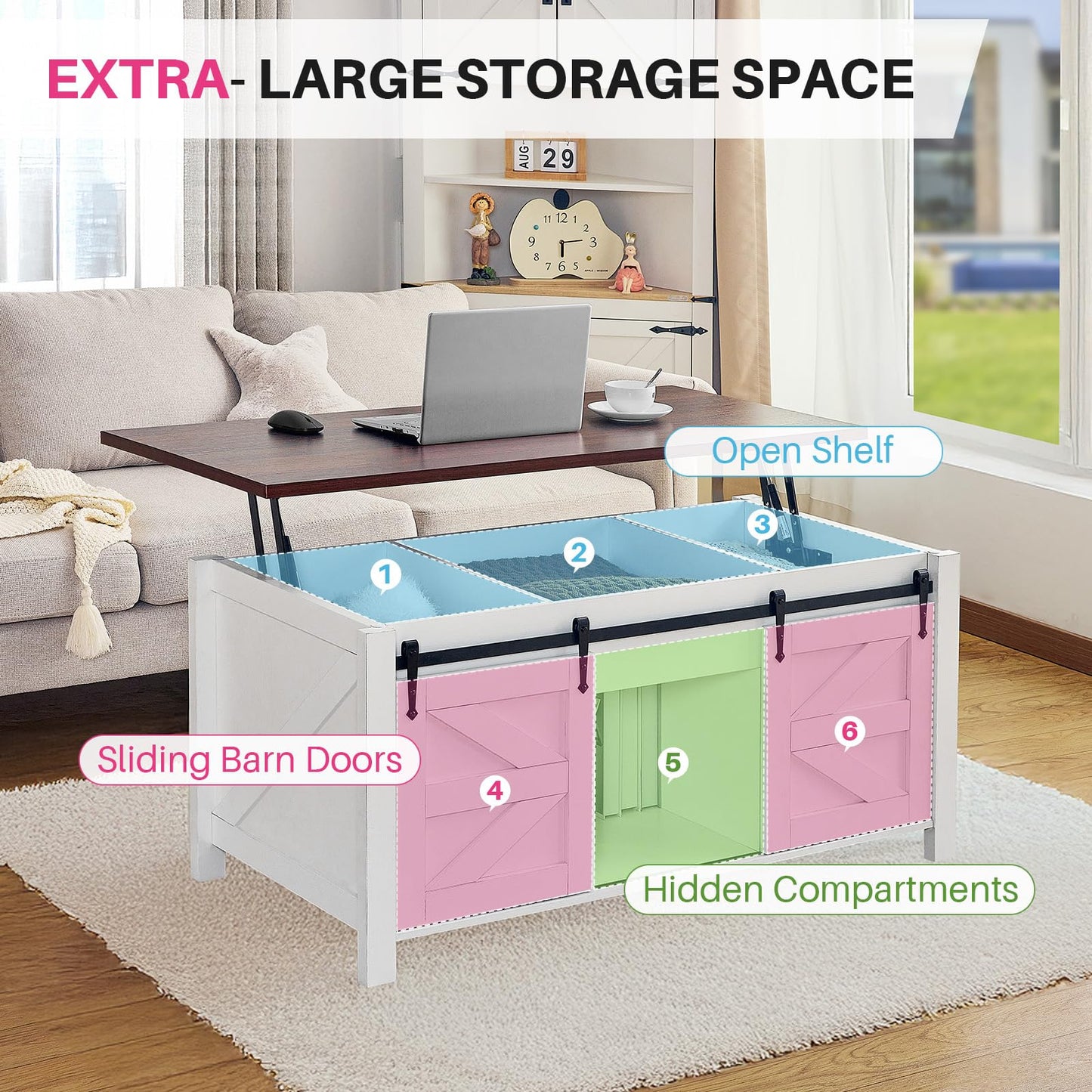 Redlife Lift Top Coffee Table with Storage, 47" Farmhouse Coffee Tables with Sliding Barn Door and Hidden Storage Space, 4 in 1 Multi-Function Square Coffee Table for Living Room, Office, White