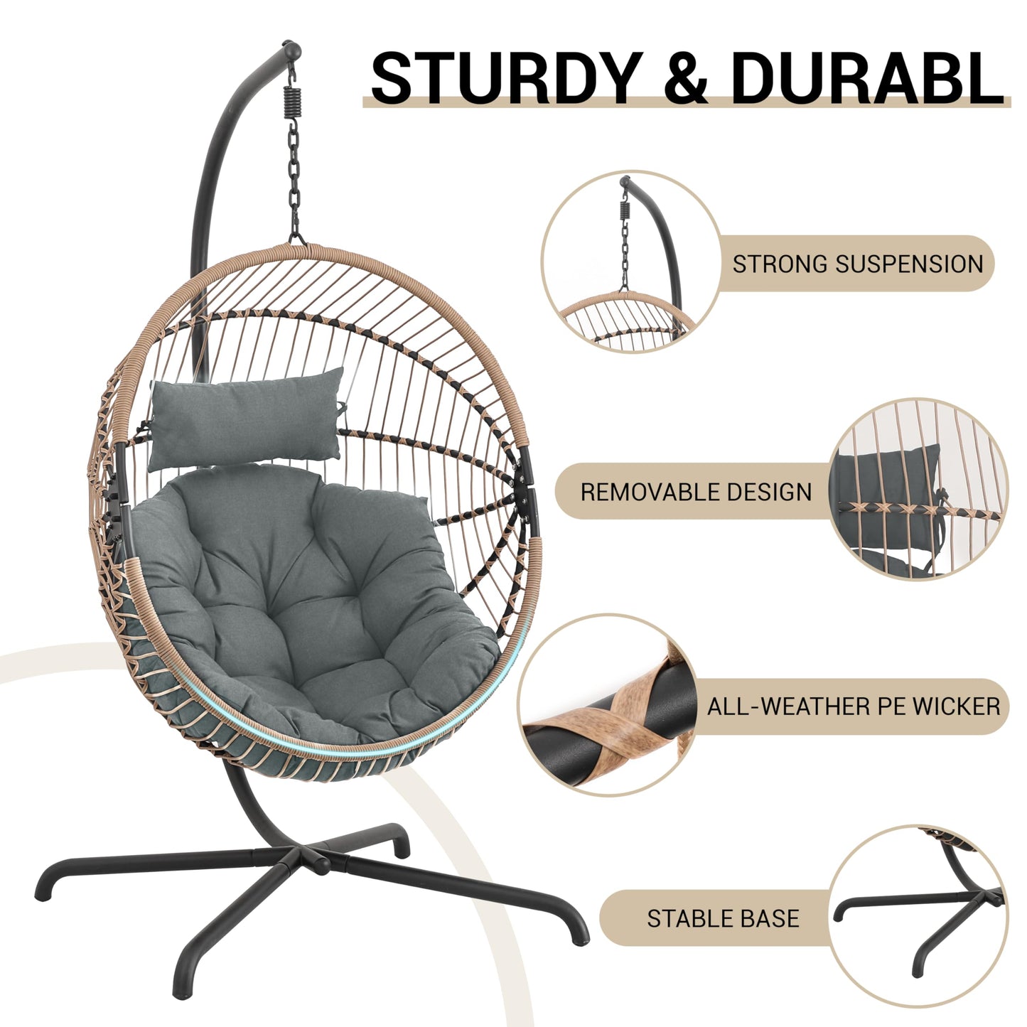 GREEN MORE Oversized Egg Swing Chair with Stand, Hanging Swing Chair, Foldable Hammock Chair with Steel Frame, 350LBS Capacity for Patio Garden Bedroom, Beige