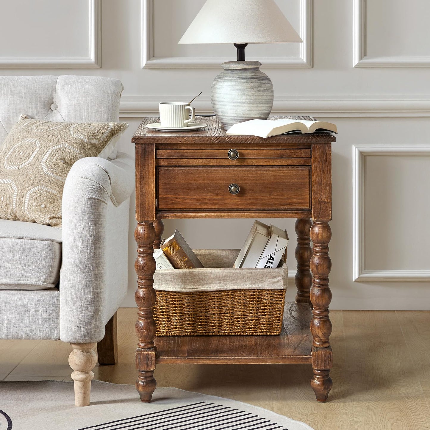 HULALA HOME Spindle Nightstands with Charging Station, Solid Wood Nightstand with Drawer Shelf, Side Table with Pull-Out Shelf (Walnut)