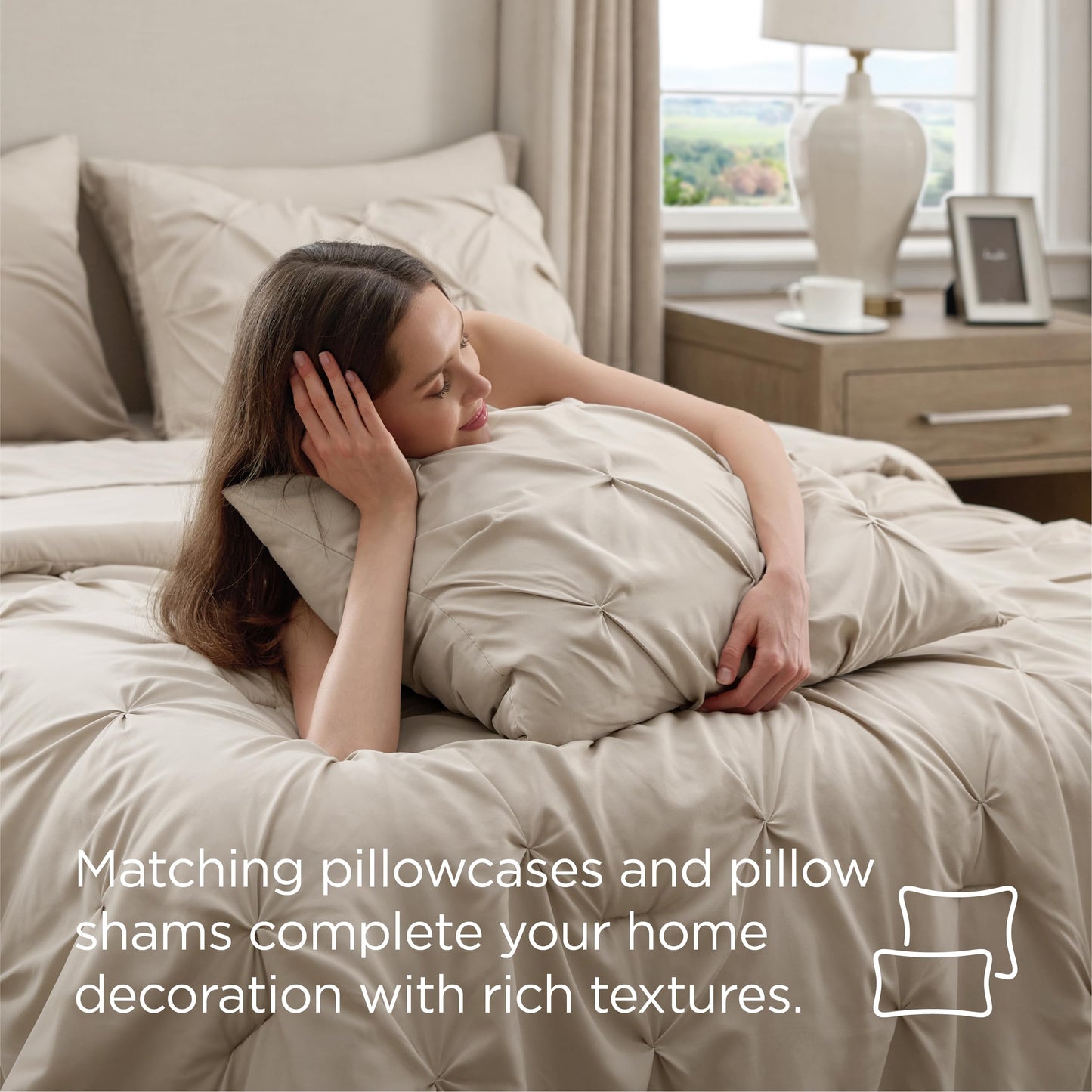 Bedsure Queen Comforter Set Beige - Bed in a Bag Queen Size 7 Pieces, GentleSoft™ Pintuck Bed Set Gift for Family, Pinch Pleat Beige Comforter with Sheets, Pillowcases & Shams